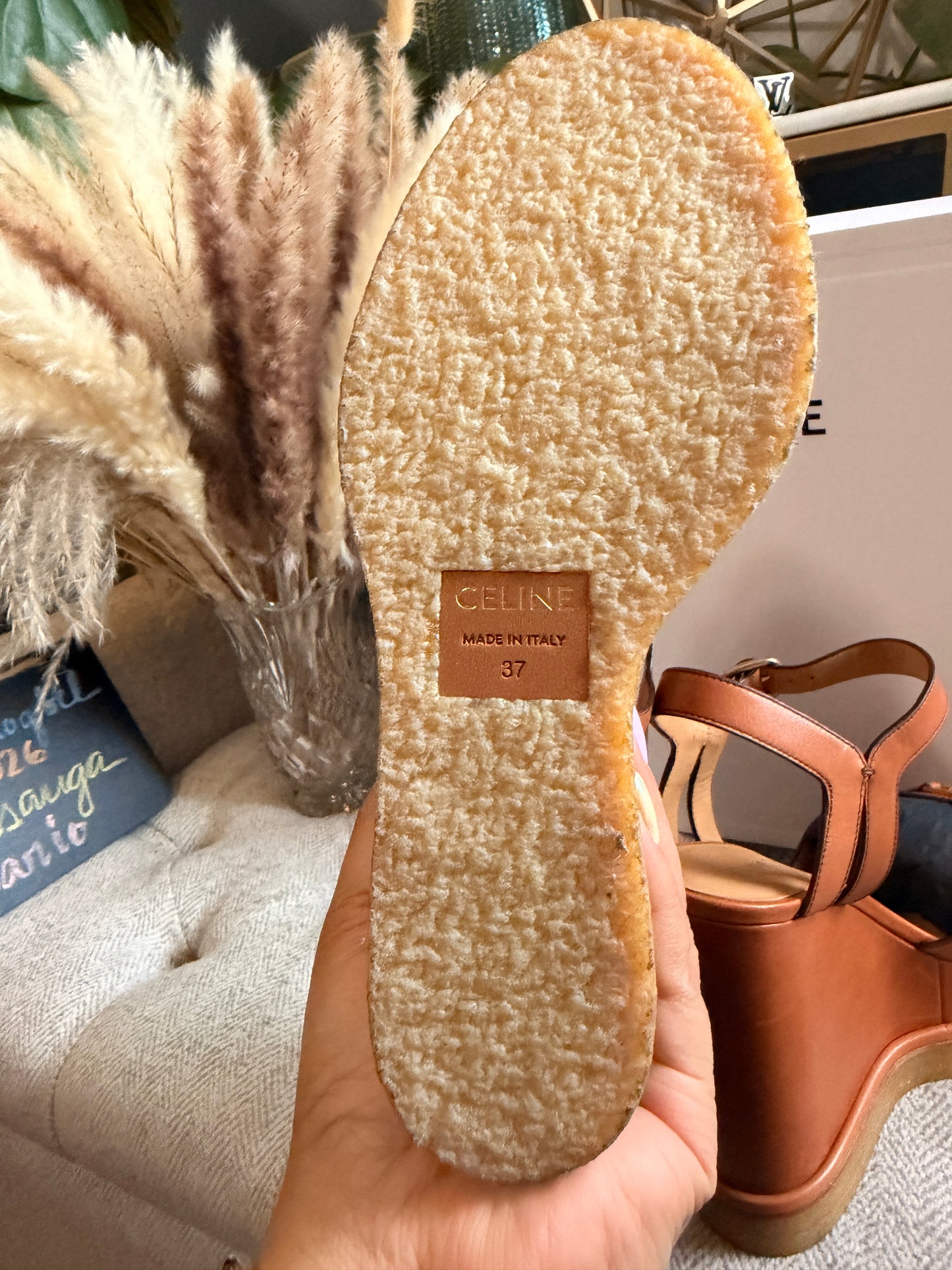 CELINE Triomphe Platform Leather Wedge Sandals