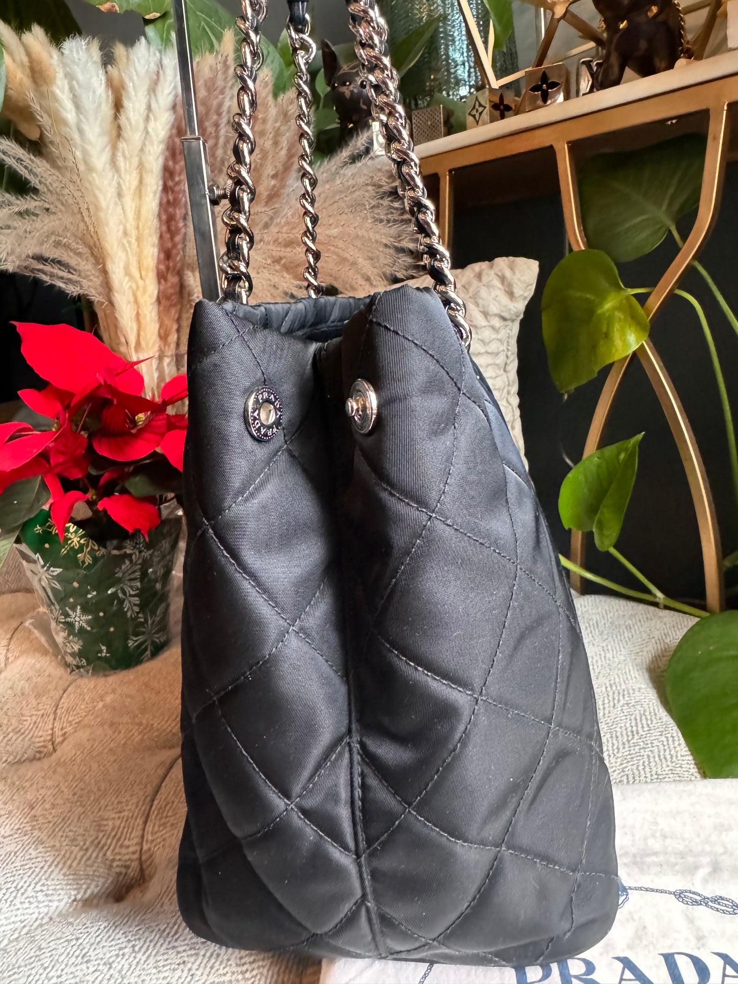 Prada Black Tessuto Re-Nylon Silver Chain Quilted Crossbody Tote