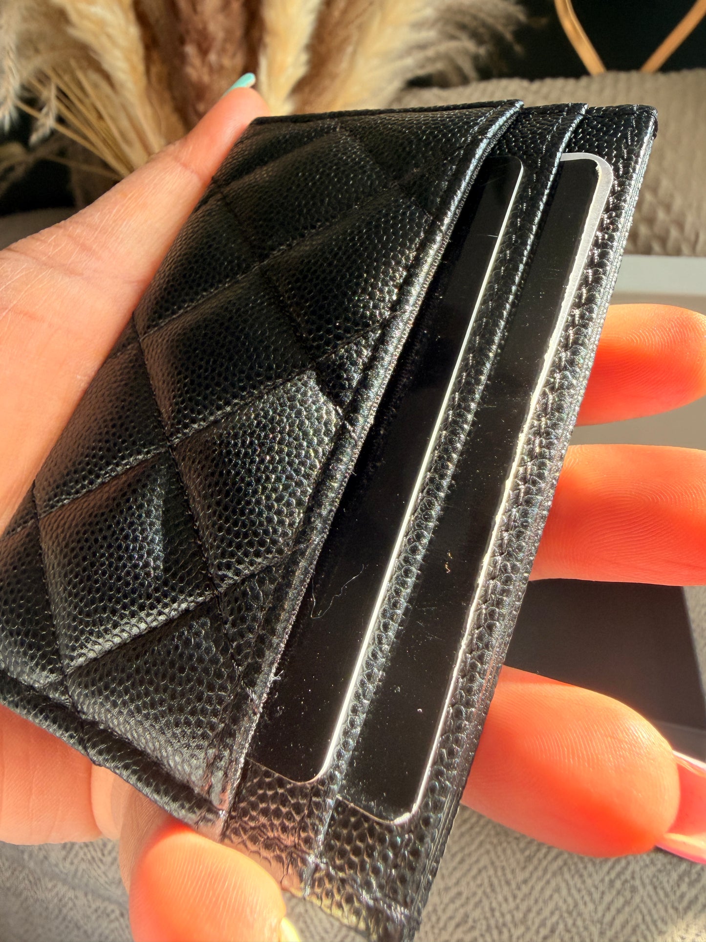 NEW 23S CHANEL Caviar Crystals Card Holder Black BIG Gold CC STRASS Wallet