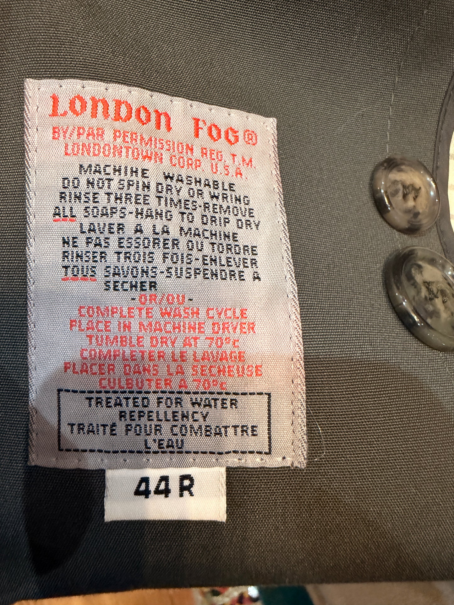 London Fog Vintage Trench Coat 44R w/ Zip-Out Wool Liner – Classic Olive Green