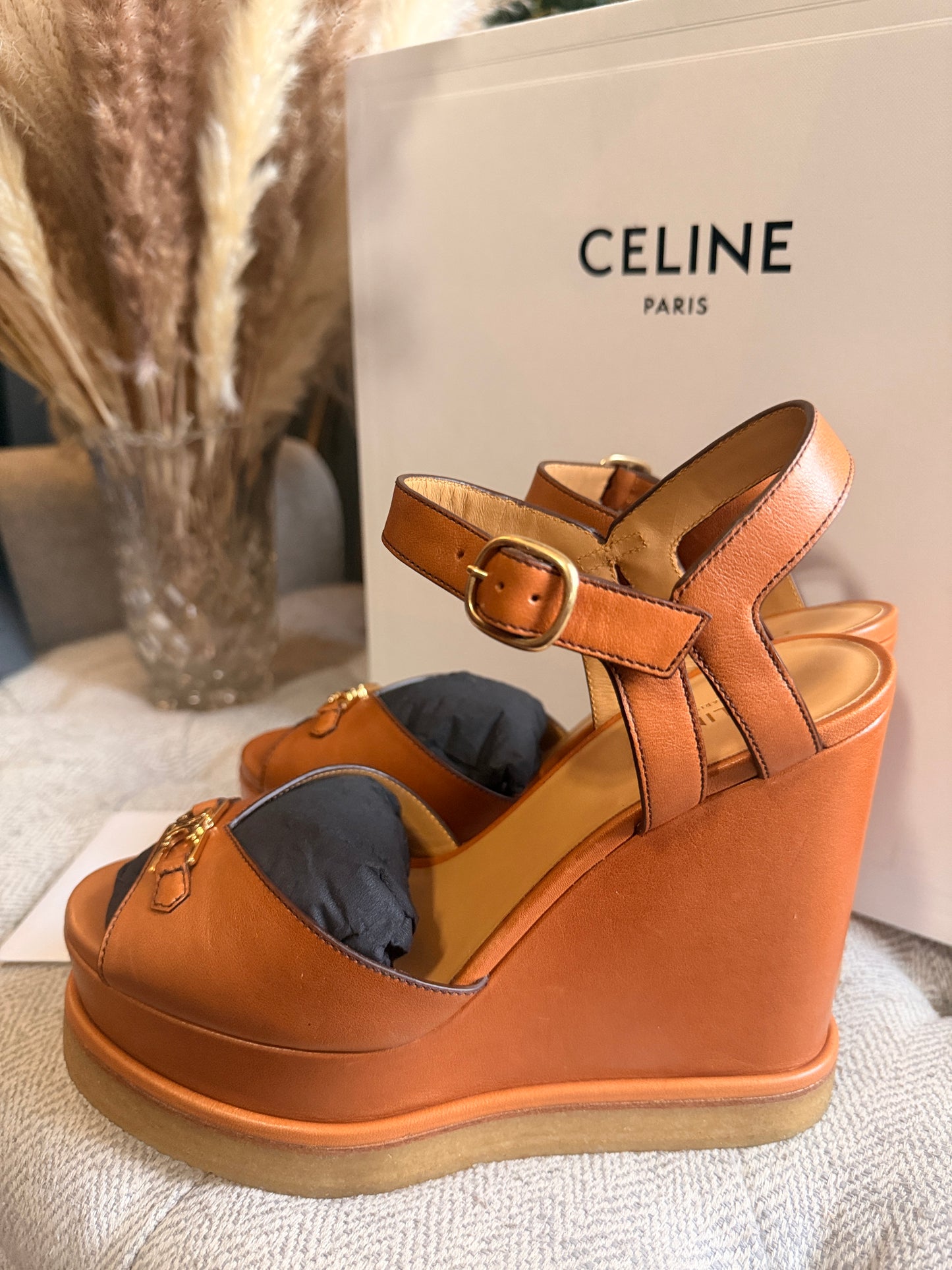 CELINE Triomphe Platform Leather Wedge Sandals