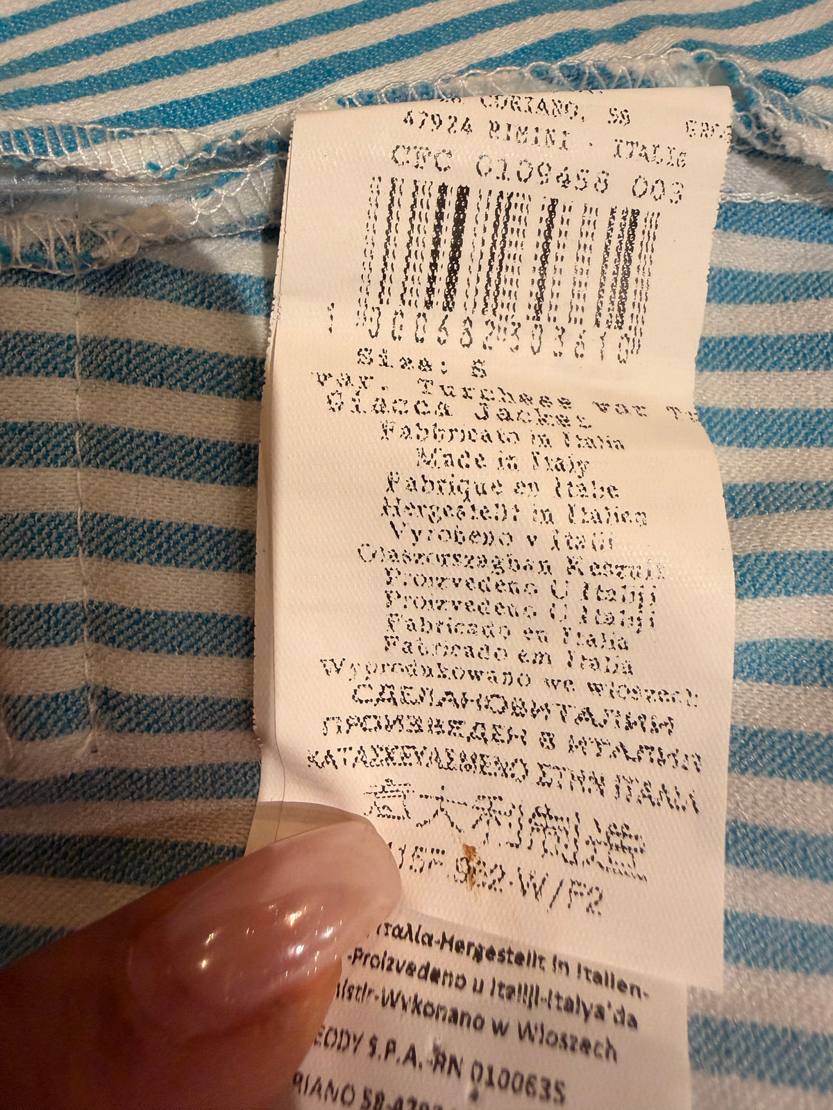 Rinascimento Made in Italy Turquoise Striped Double-Breasted Blazer – Size S