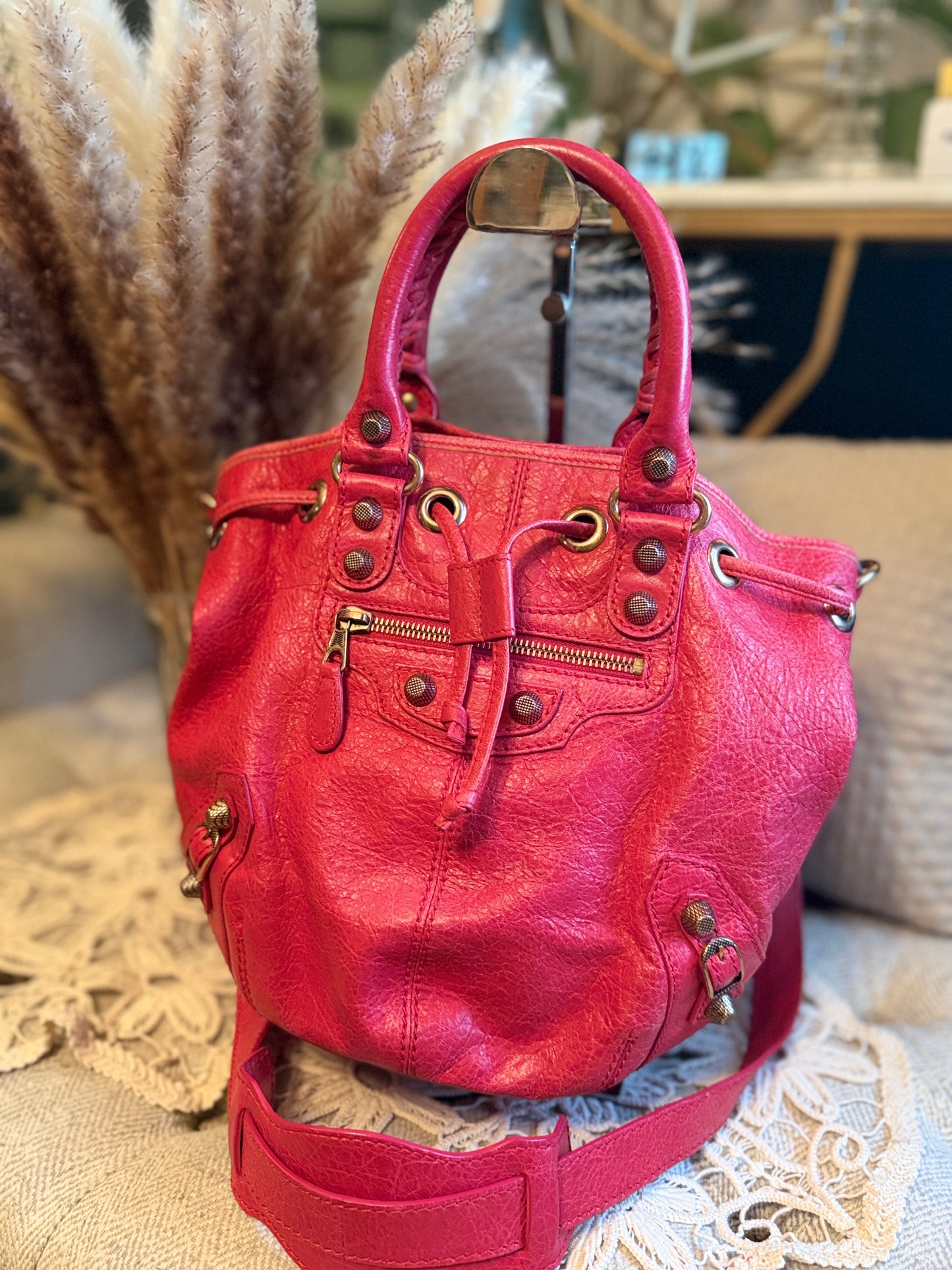 Balenciaga Agneau Giant 12 Rose Gold Hardware Mini Pompon Rose Thulian