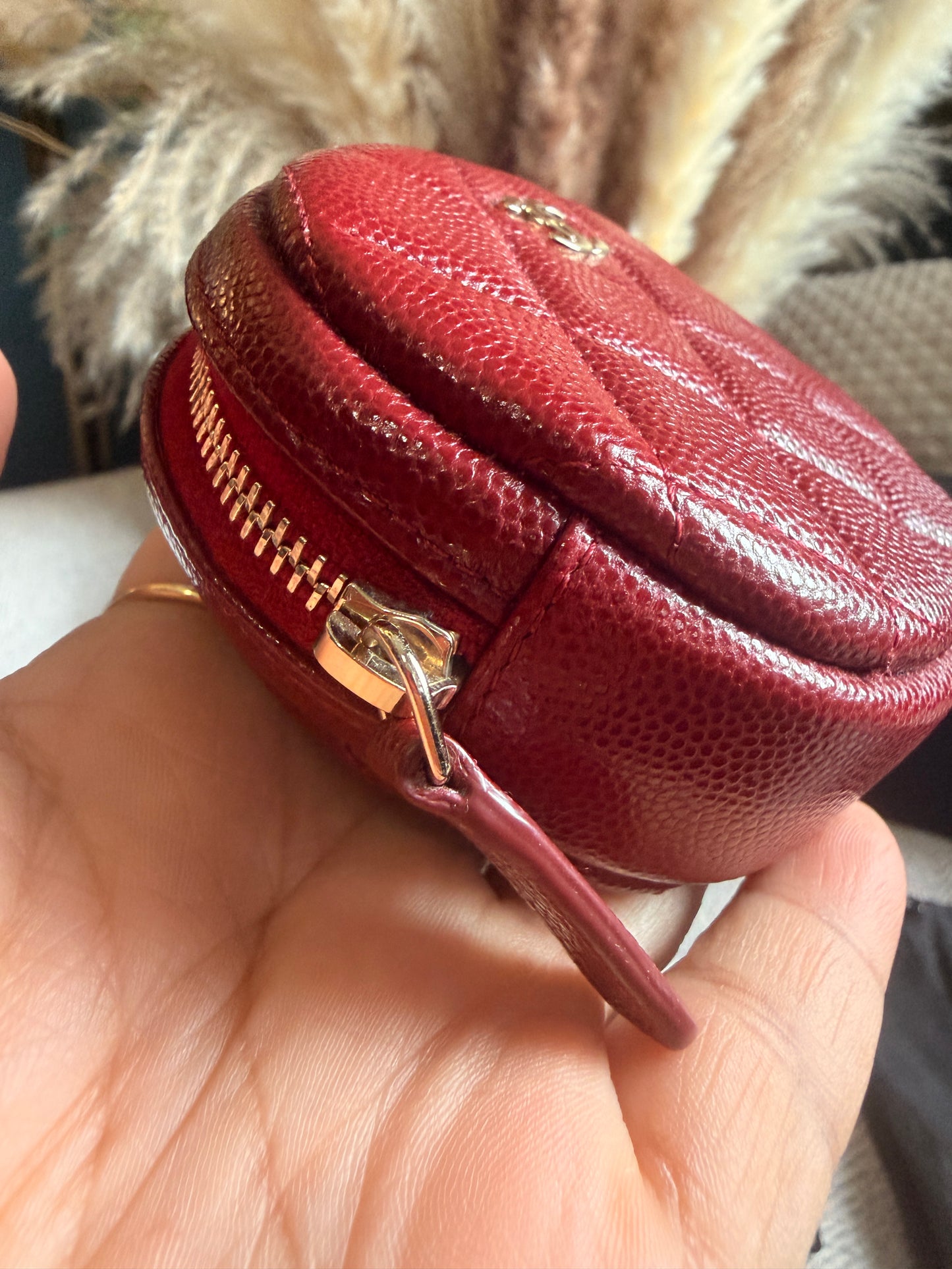 Chanel CHANEL 19B BURGUNDY CAVIAR ROUND POUCH/ COIN PURSE