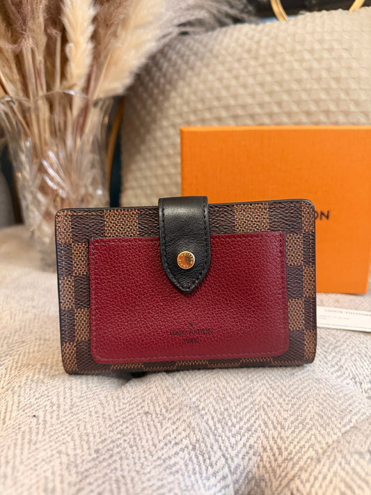 Louis Vuitton Juliette Wallet in Damier Ebene & Burgundy Leather