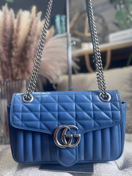 GUCCI Calfskin Matelasse Aria Small GG Marmont Shoulder Bag in Clear Blue