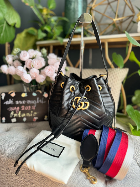 Gucci Calfskin Matelasse Sylvie Web GG Marmont Bucket Bag