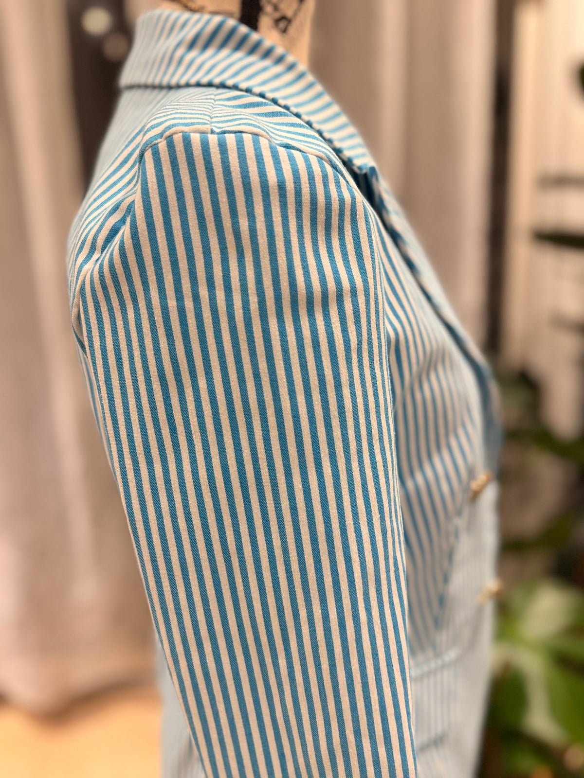 Rinascimento Made in Italy Turquoise Striped Double-Breasted Blazer – Size S