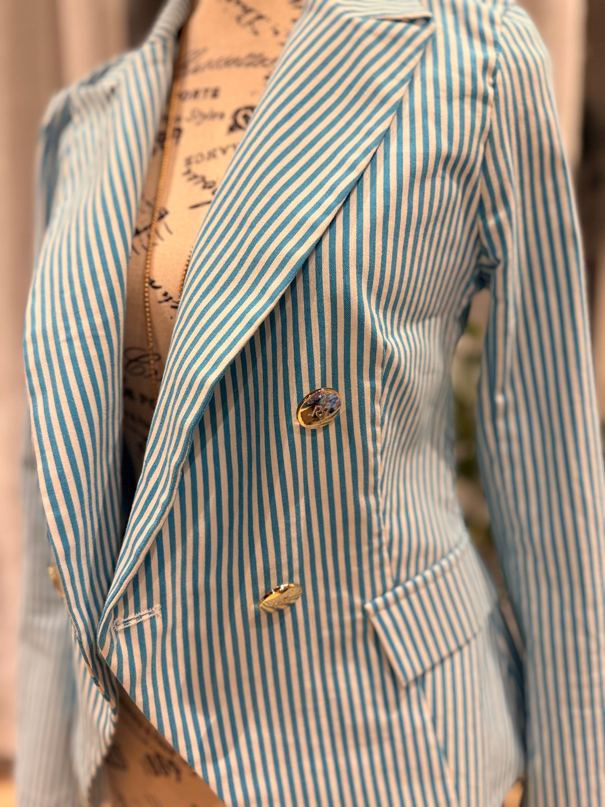 Rinascimento Made in Italy Turquoise Striped Double-Breasted Blazer – Size S