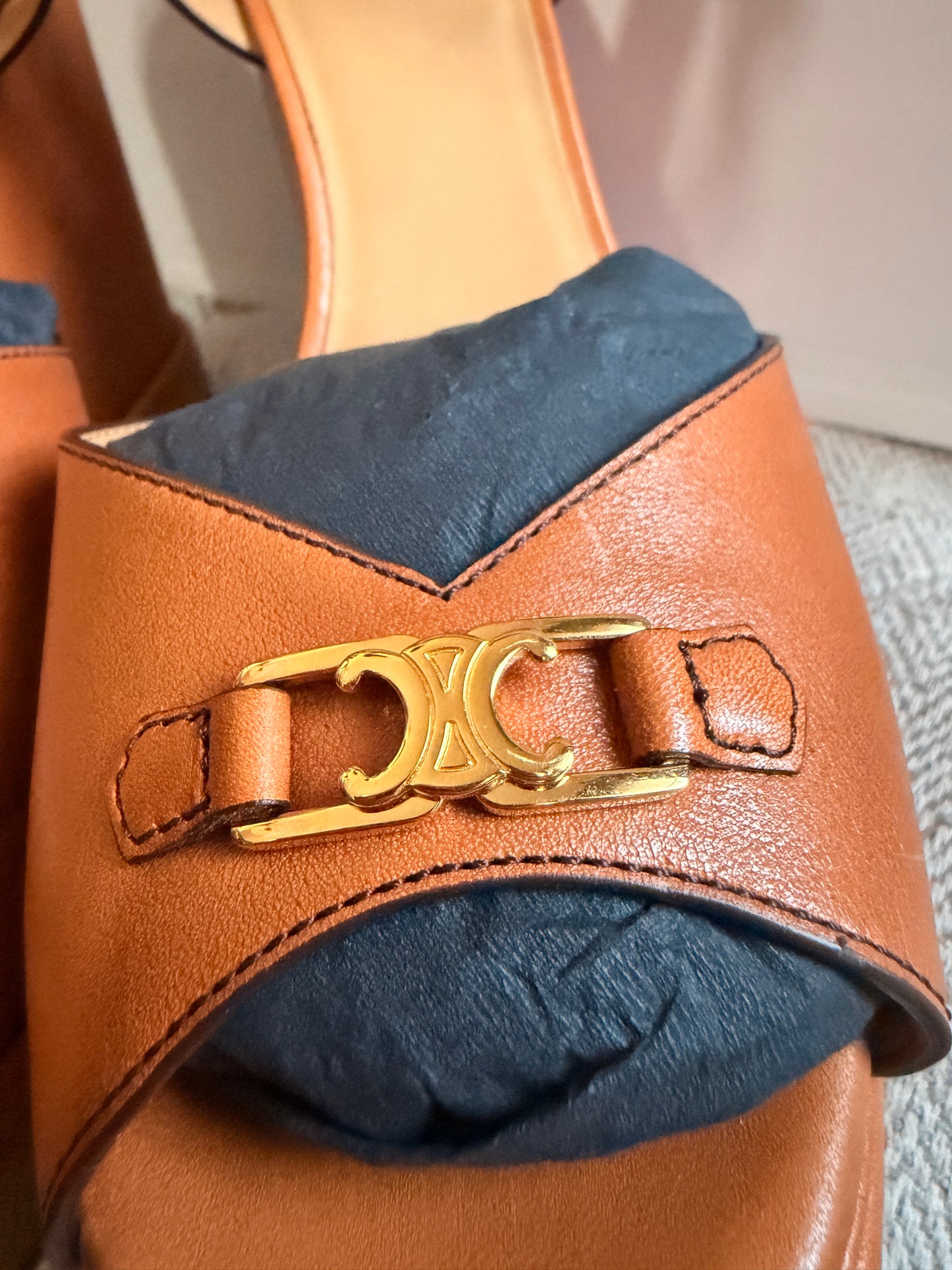 CELINE Triomphe Platform Leather Wedge Sandals