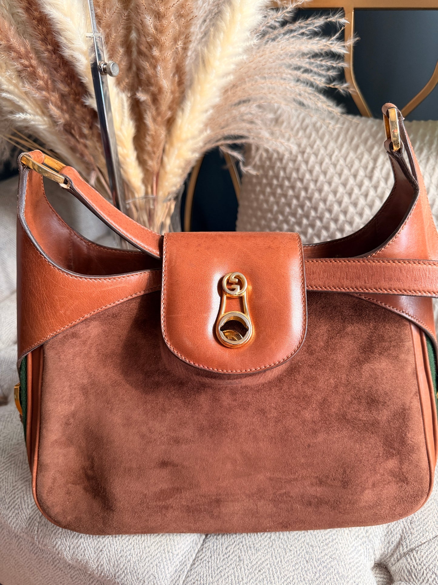 Vintage 70's GUCCI GG Monogram Flip Lock Brown Leather and Suede Hobo