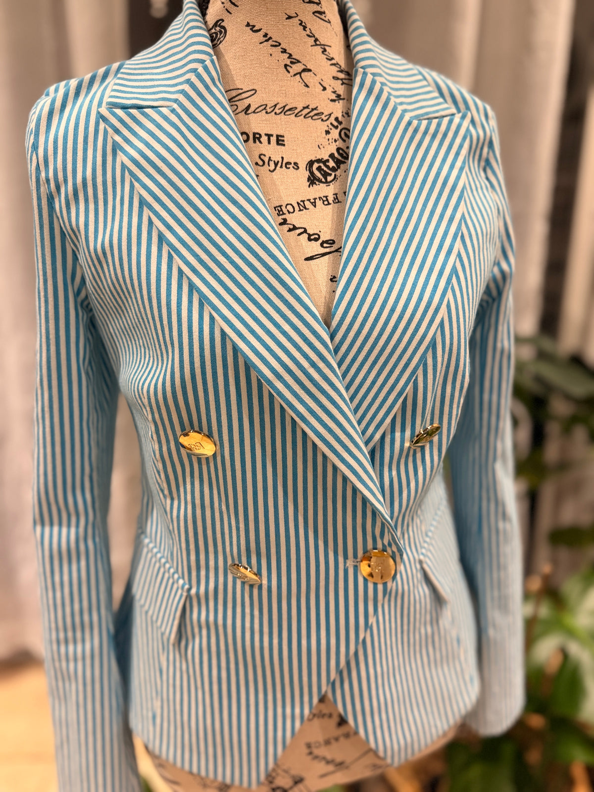 Rinascimento Made in Italy Turquoise Striped Double-Breasted Blazer – Size S