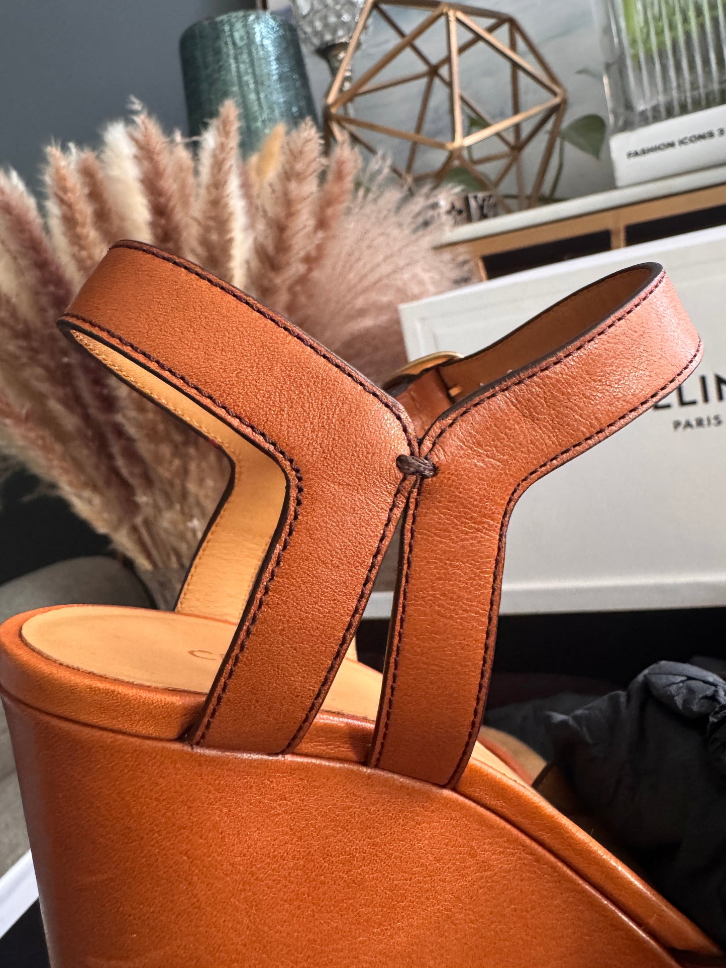 CELINE Triomphe Platform Leather Wedge Sandals