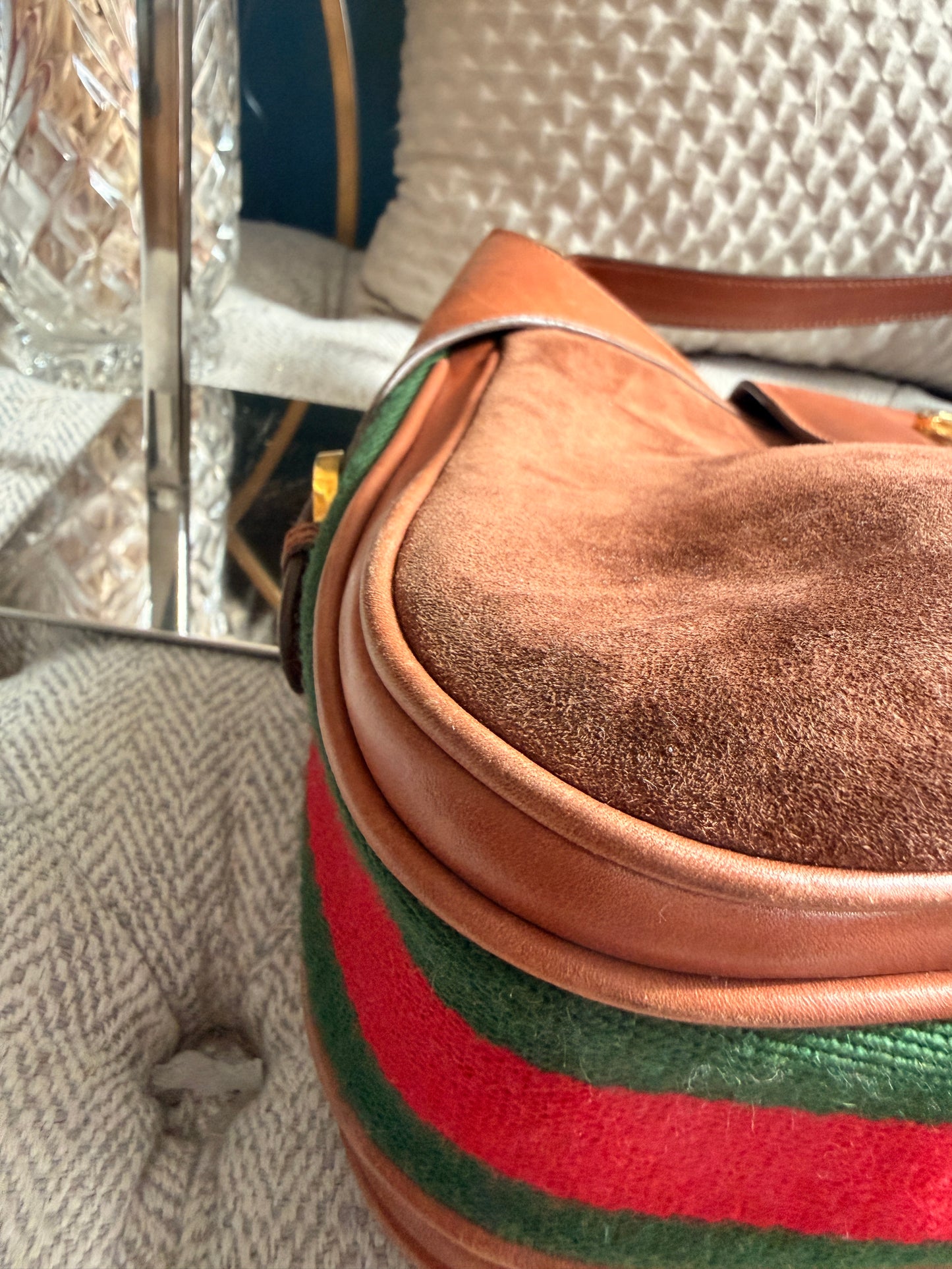 Vintage 70's GUCCI GG Monogram Flip Lock Brown Leather and Suede Hobo