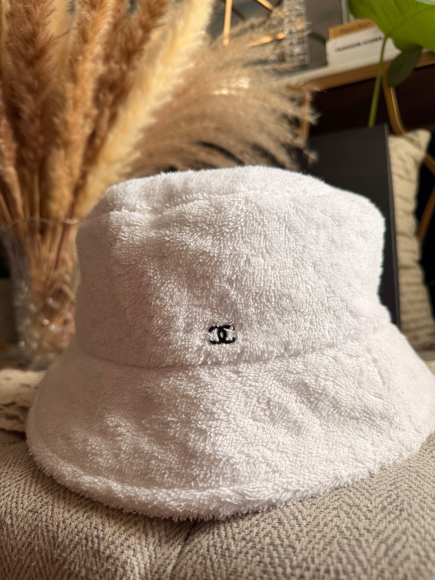 CHANEL 2021 White Terry Cloth CC Bucket Hat Size L