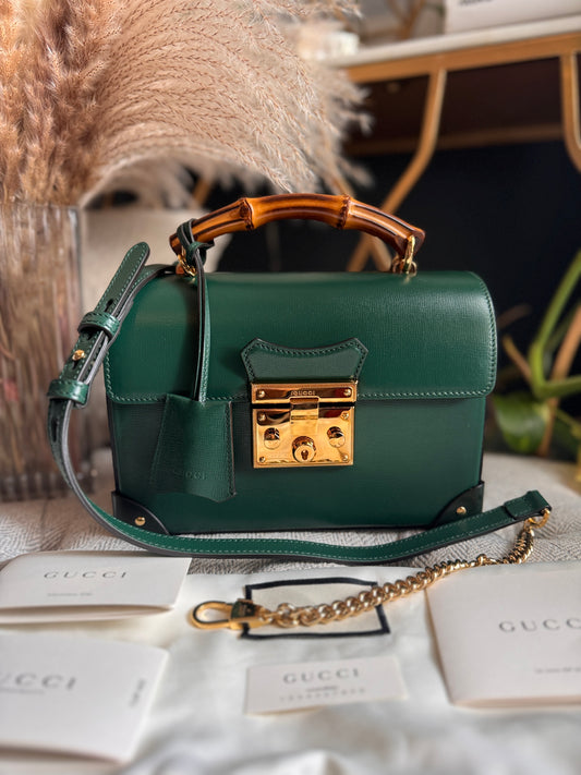 GUCCI 
Azalea Calfskin Small Padlock Bamboo Shoulder Bag Vintage Green