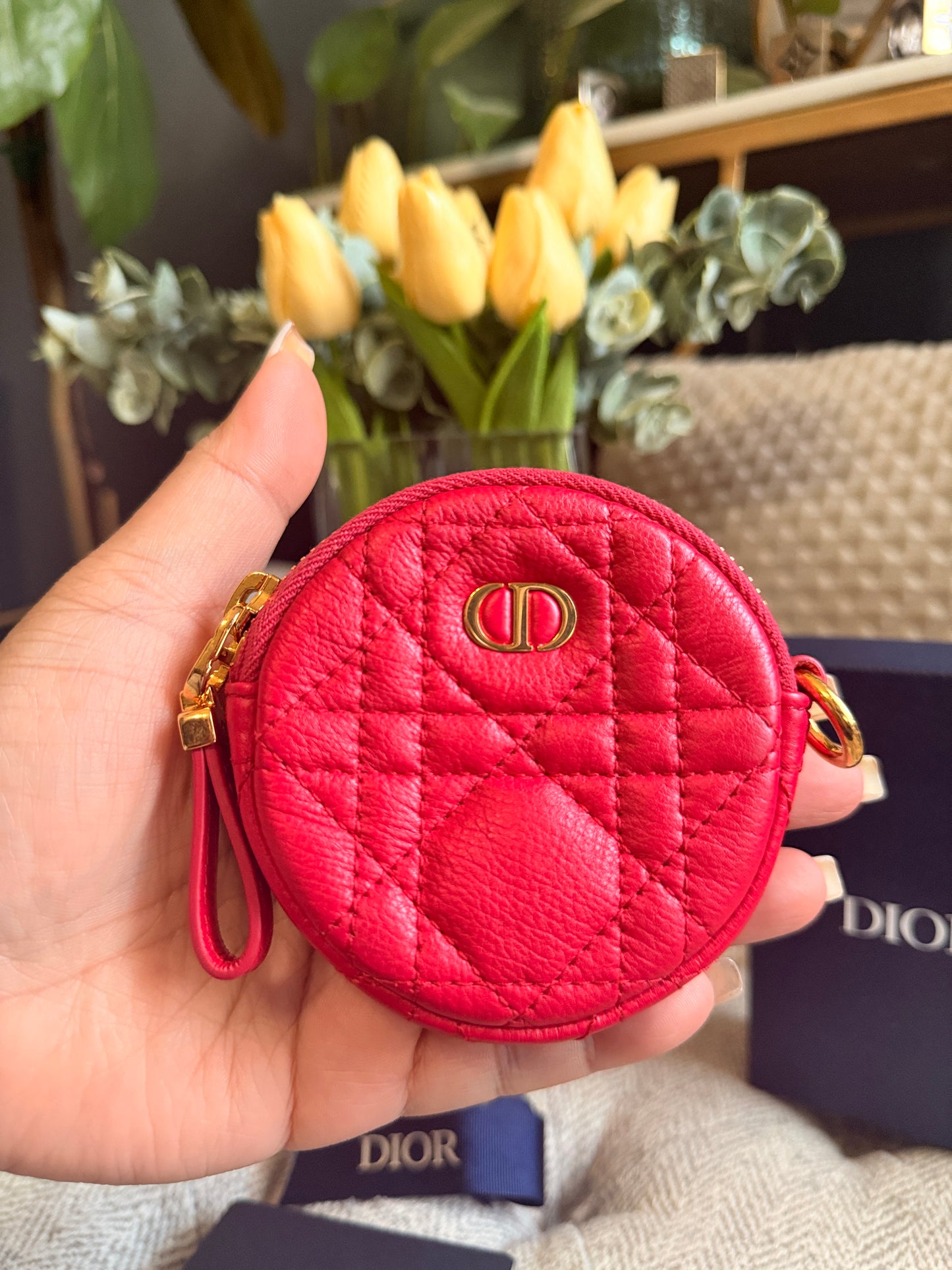 CHRISTIAN DIOR
Red Cannage Quilted Leather Mini Caro Coin Purse