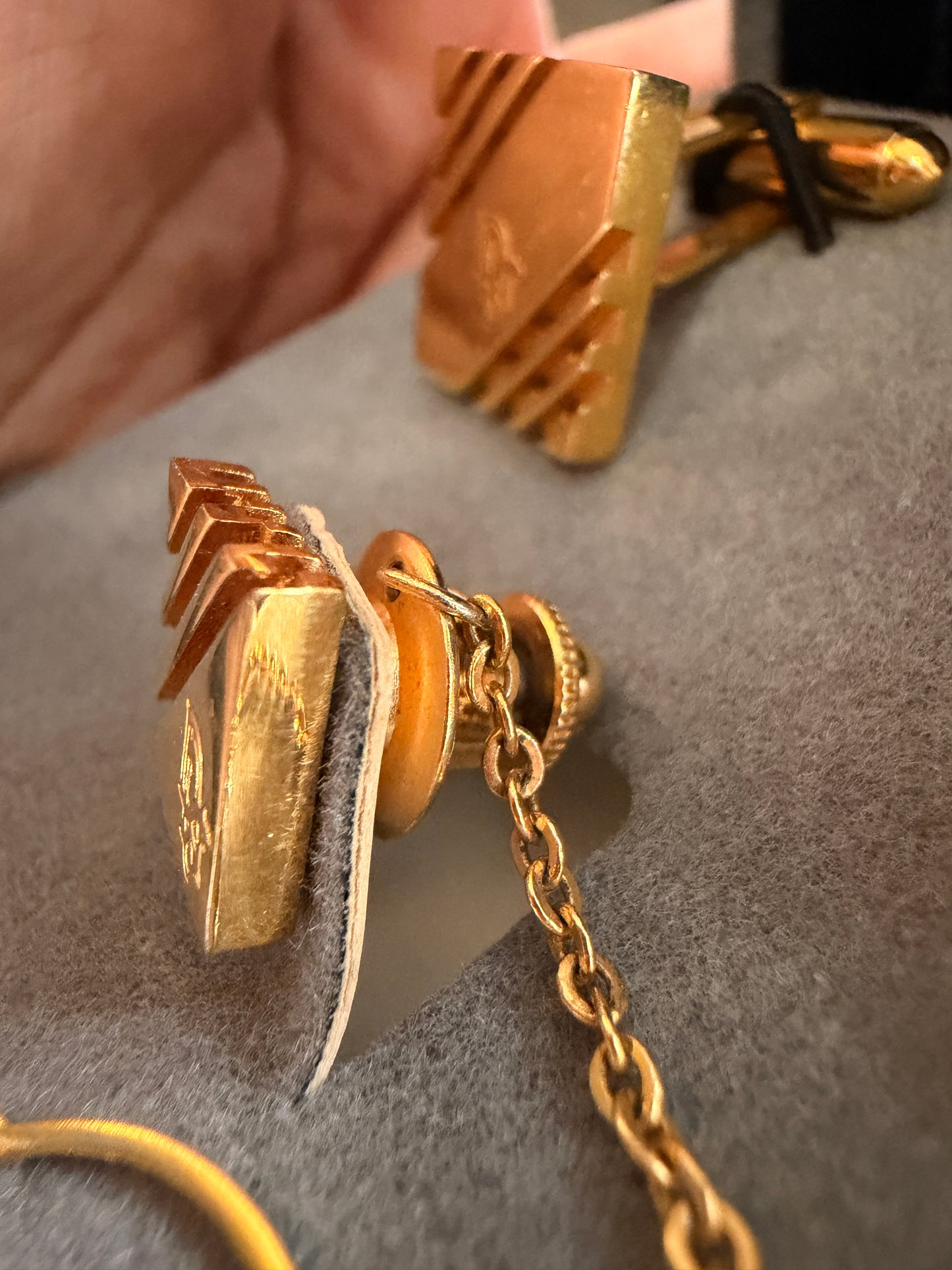 Christian Dior Vintage “Paris–New York” Cufflinks & Tie Tack Set (Gold Tone) | Dior Box Included