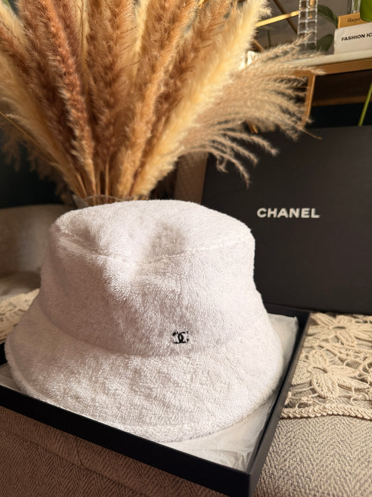 CHANEL 2021 White Terry Cloth CC Bucket Hat Size L