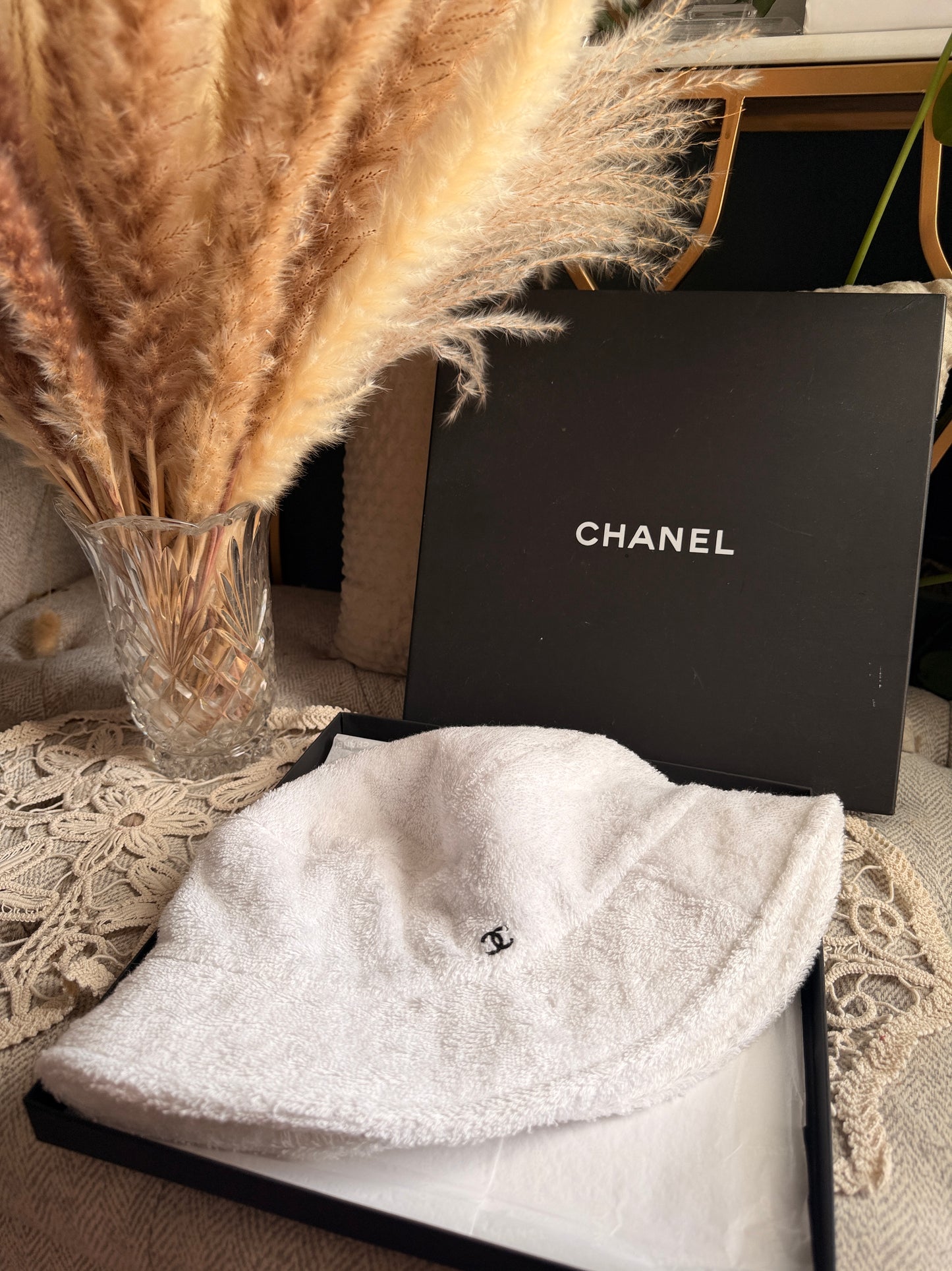 CHANEL 2021 White Terry Cloth CC Bucket Hat Size L