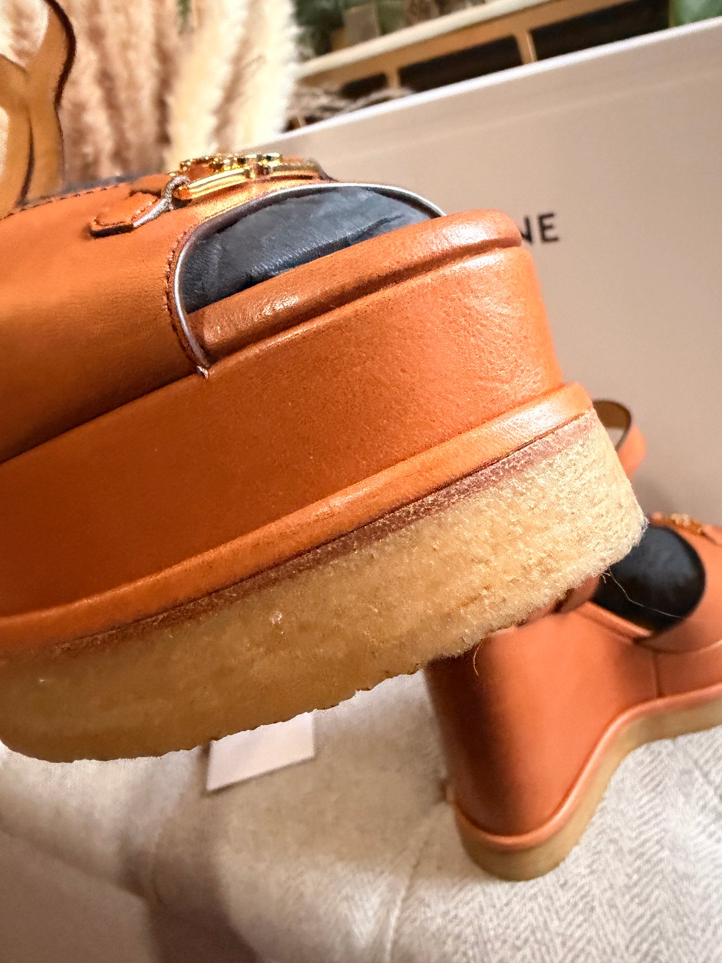 CELINE Triomphe Platform Leather Wedge Sandals