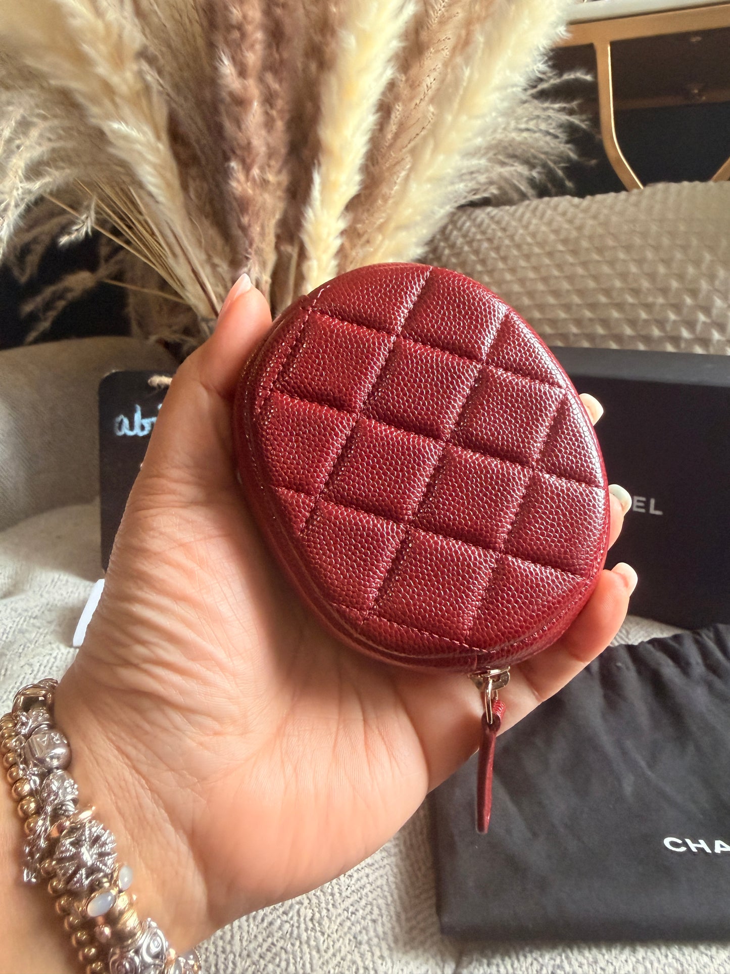 Chanel CHANEL 19B BURGUNDY CAVIAR ROUND POUCH/ COIN PURSE