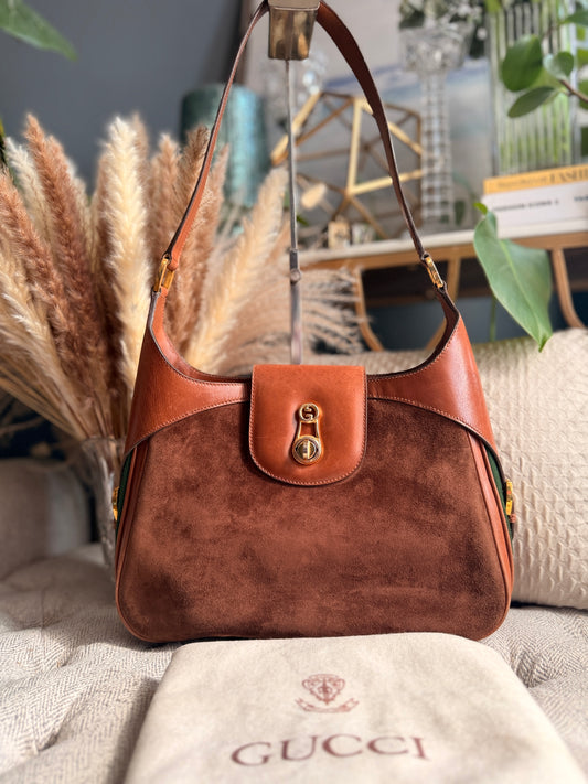 Vintage 70's GUCCI GG Monogram Flip Lock Brown Leather and Suede Hobo