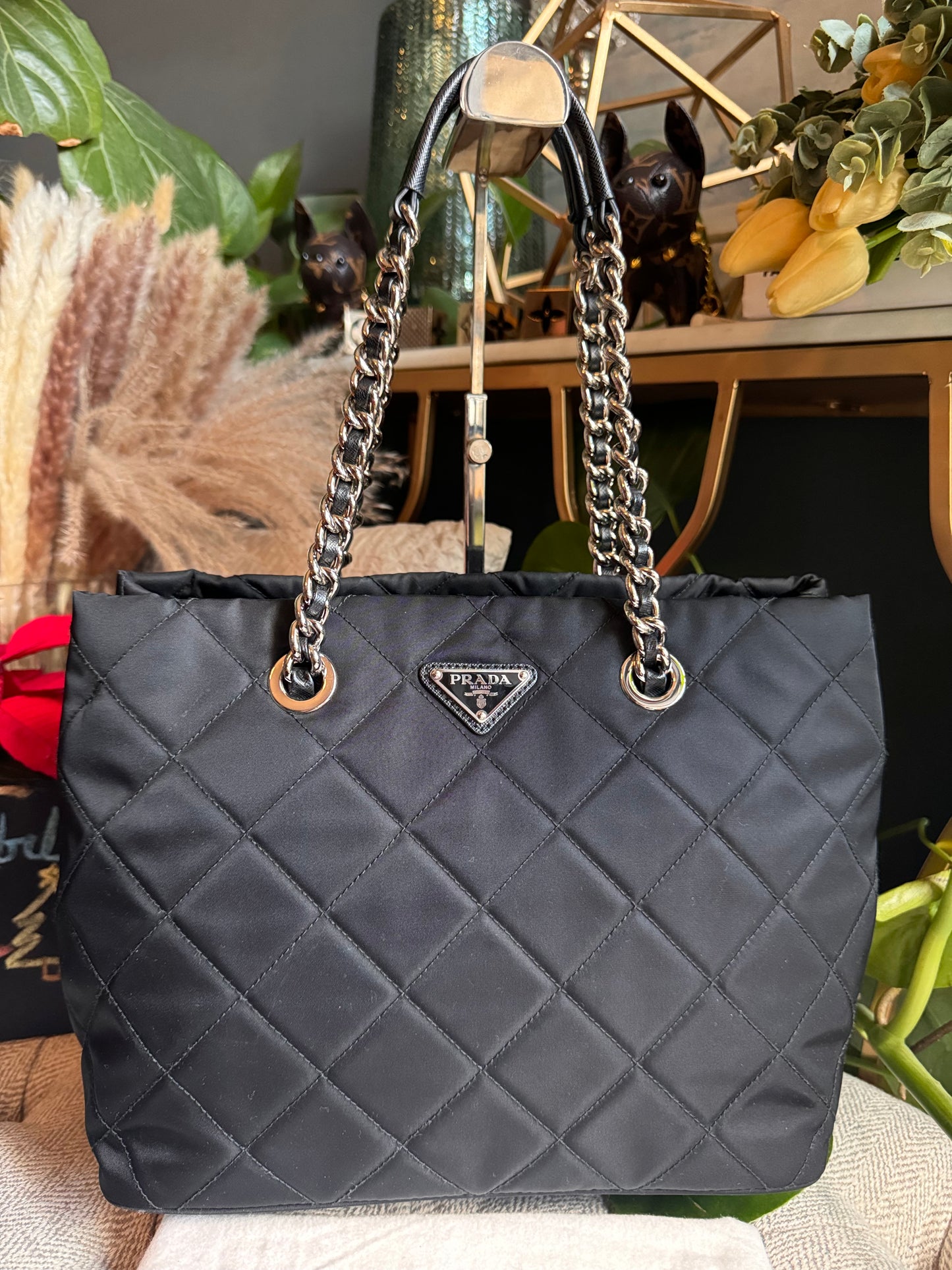 Prada Black Tessuto Re-Nylon Silver Chain Quilted Crossbody Tote