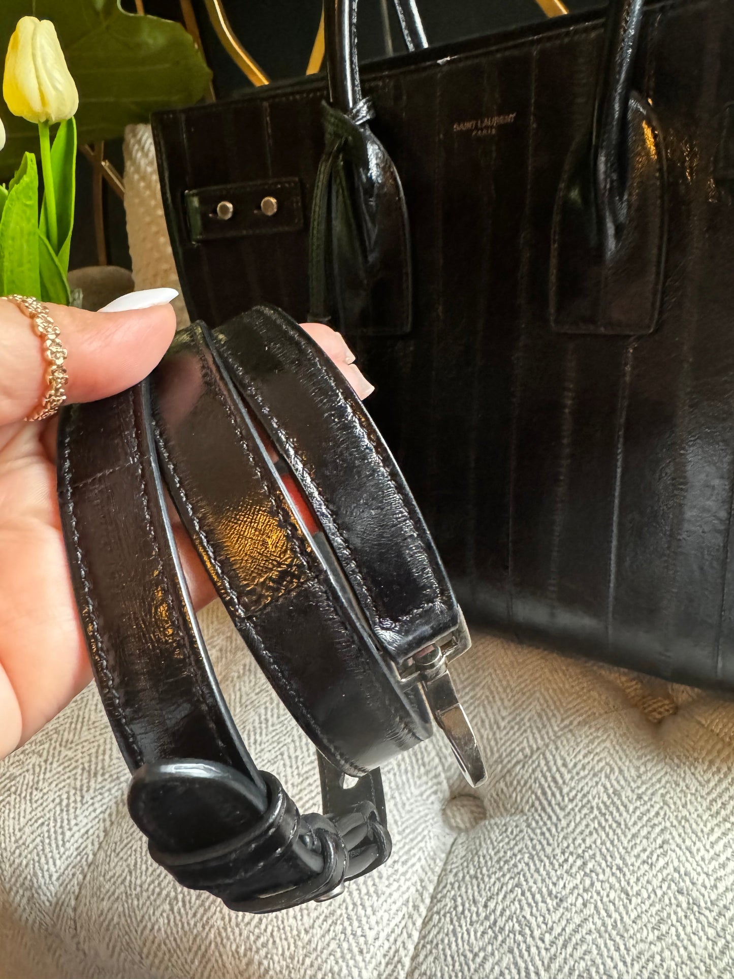 YSL Saint Laurent Black Eel Sac De Jour Bag