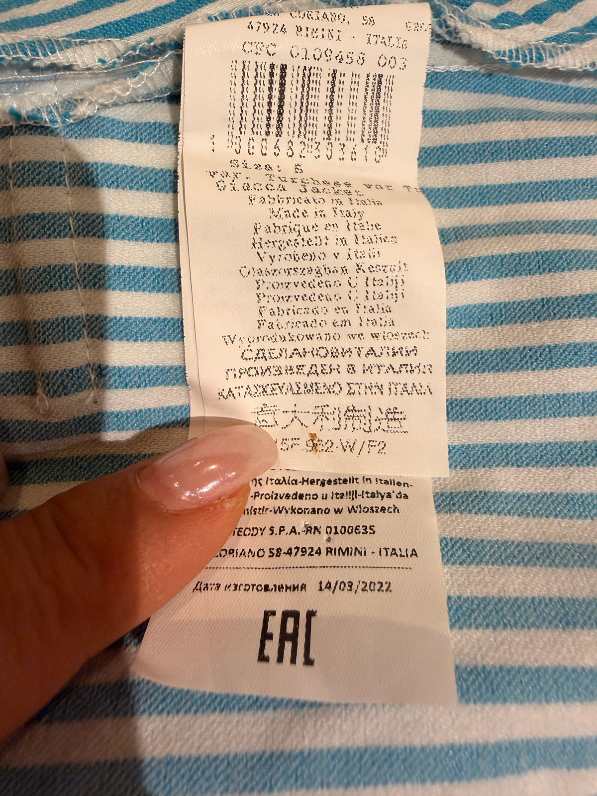 Rinascimento Made in Italy Turquoise Striped Double-Breasted Blazer – Size S