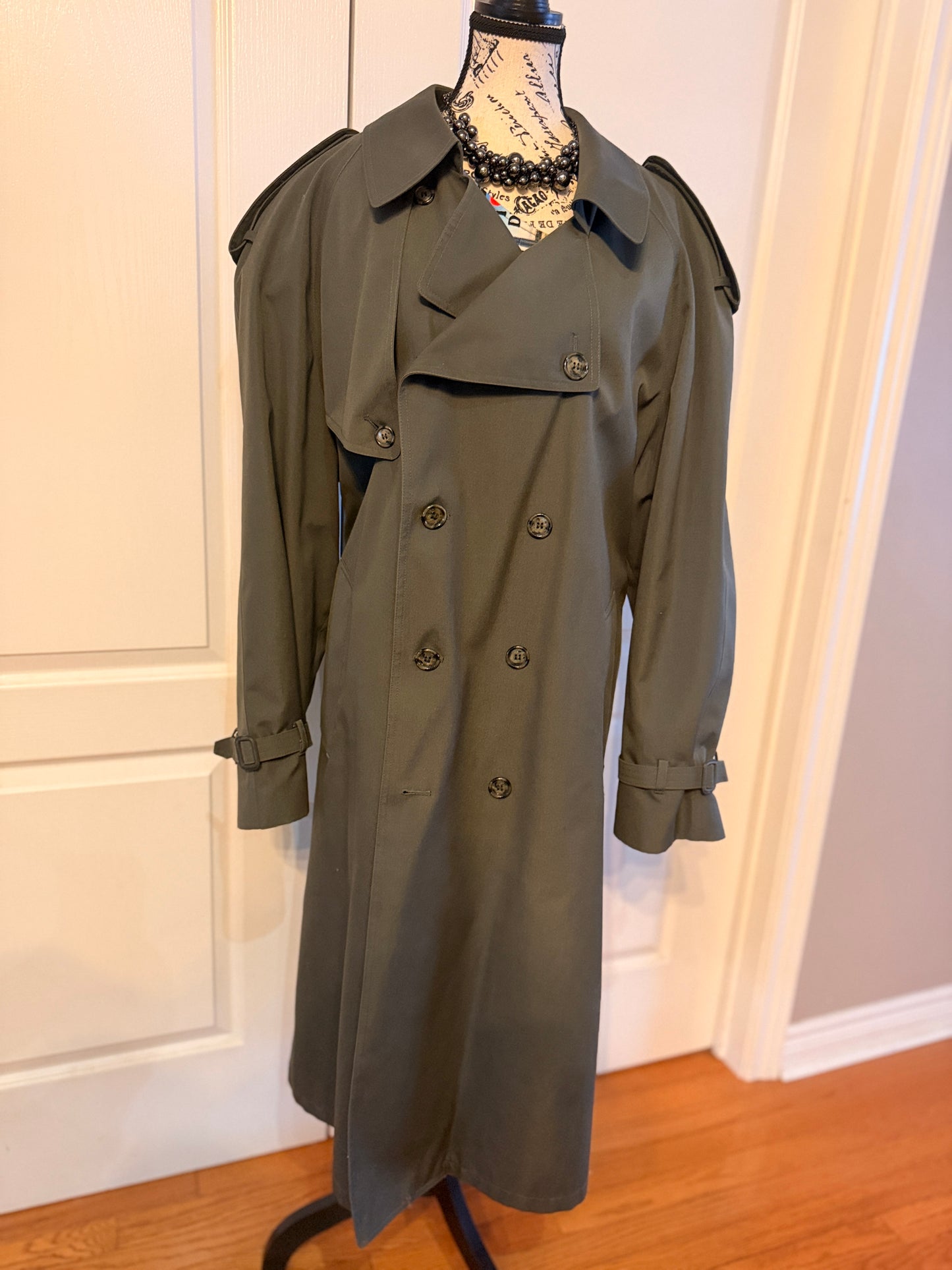 London Fog Vintage Trench Coat 44R w/ Zip-Out Wool Liner – Classic Olive Green