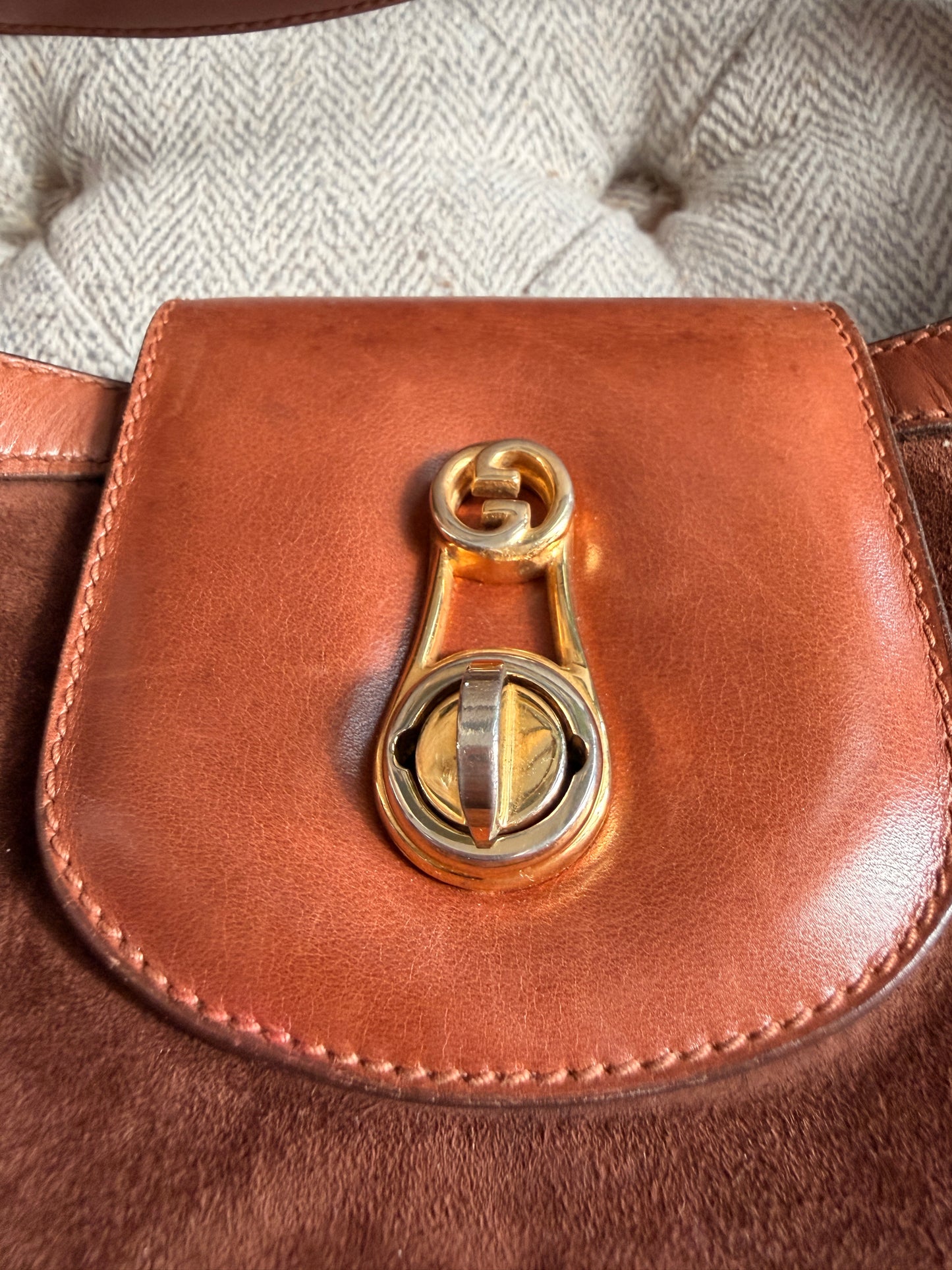Vintage 70's GUCCI GG Monogram Flip Lock Brown Leather and Suede Hobo