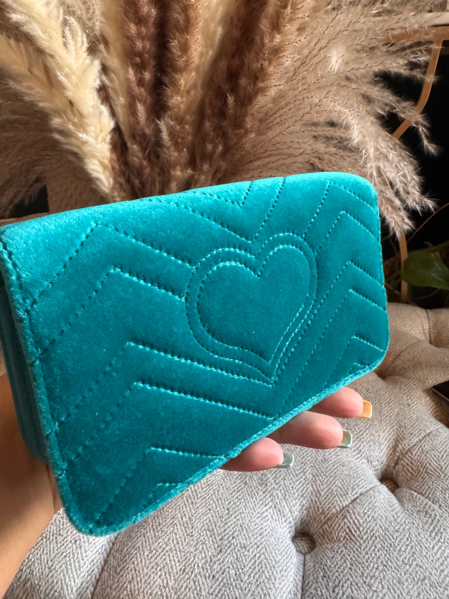 Gucci Velvet Matelasse GG Marmont Mini Bag Pavone Cyan