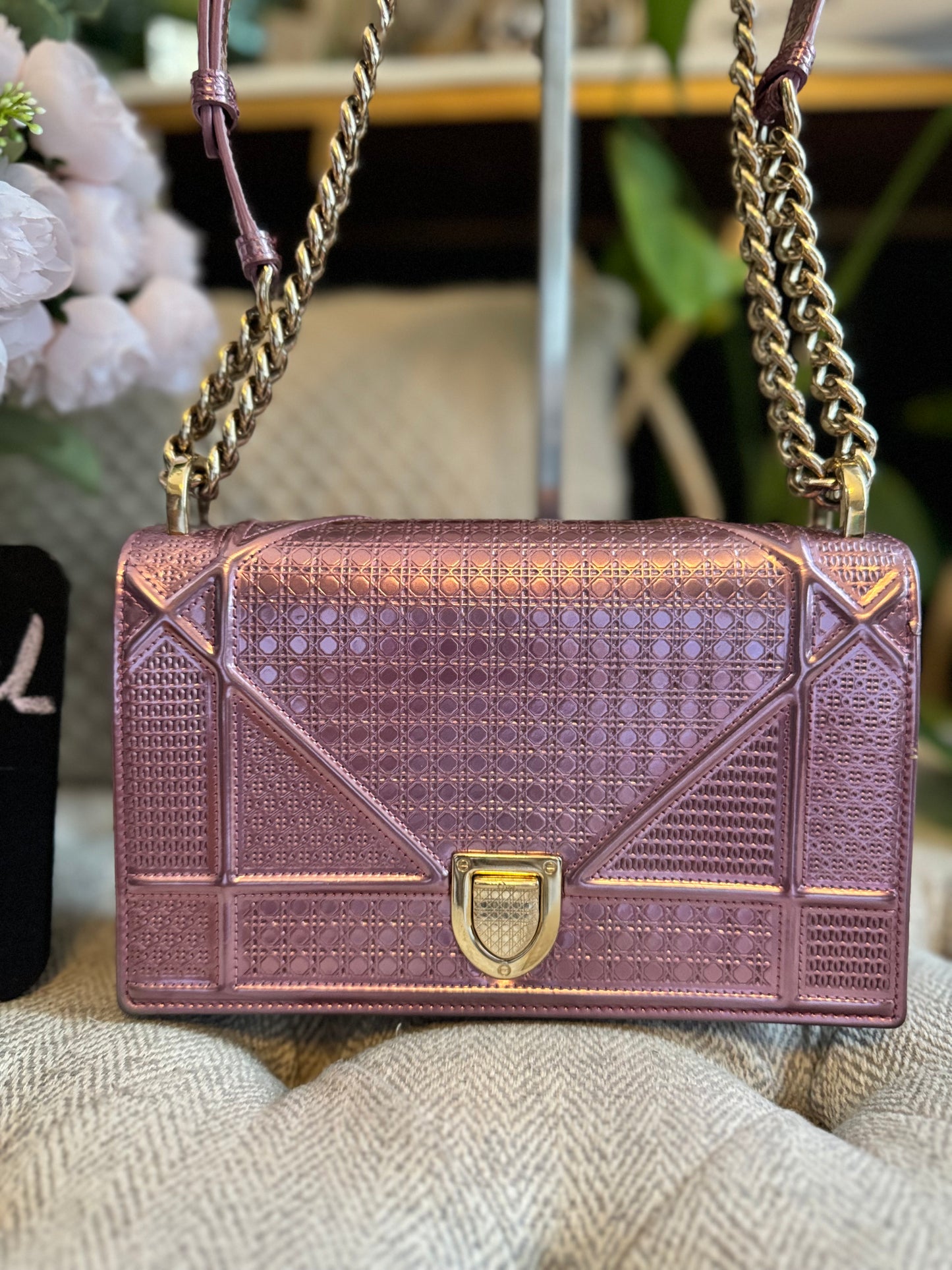 Christian Dior Metallic Pink Leather Micro Cannage Diorama Small Flap Bag