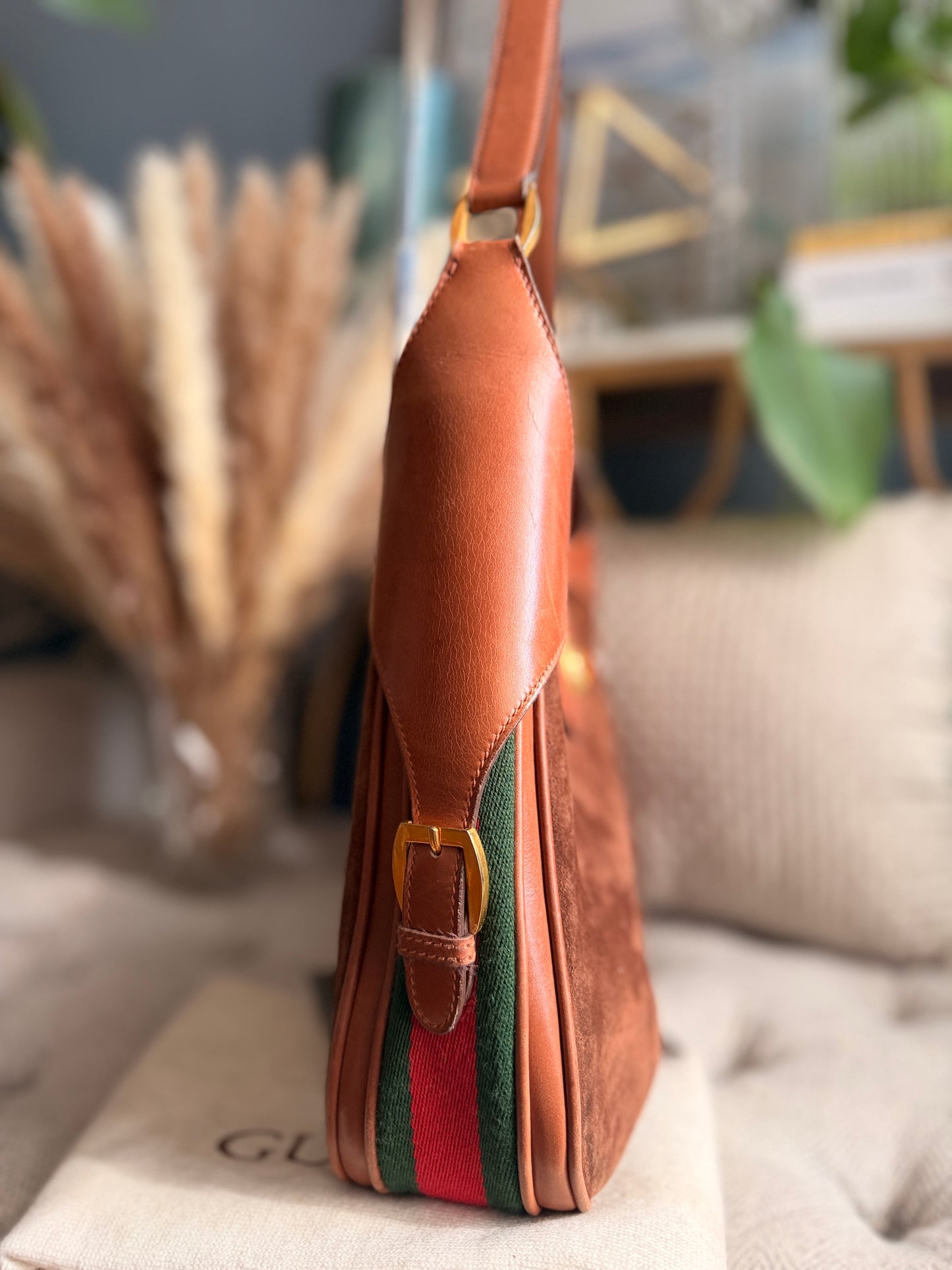 Vintage 70's GUCCI GG Monogram Flip Lock Brown Leather and Suede Hobo