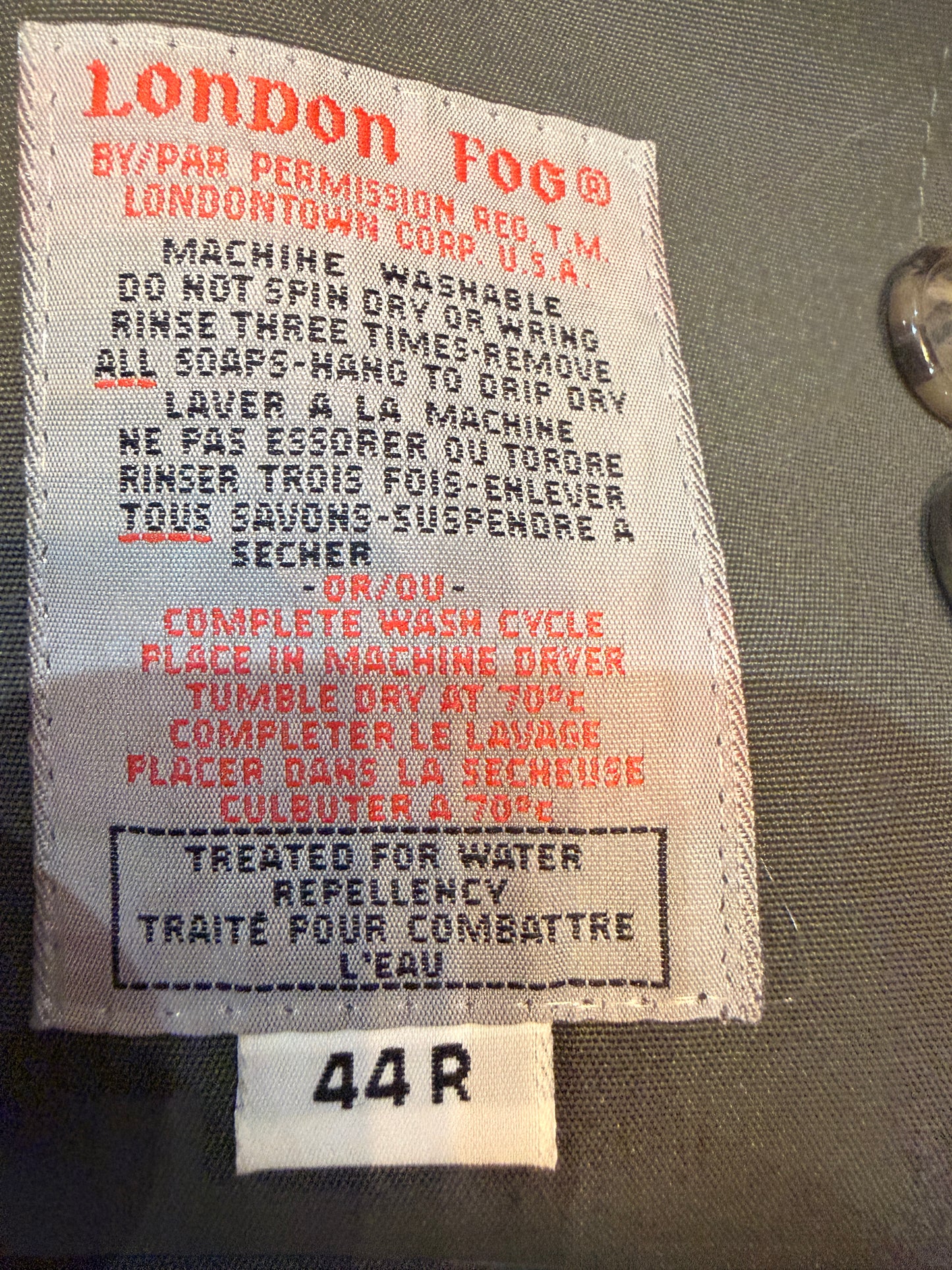 London Fog Vintage Trench Coat 44R w/ Zip-Out Wool Liner – Classic Olive Green