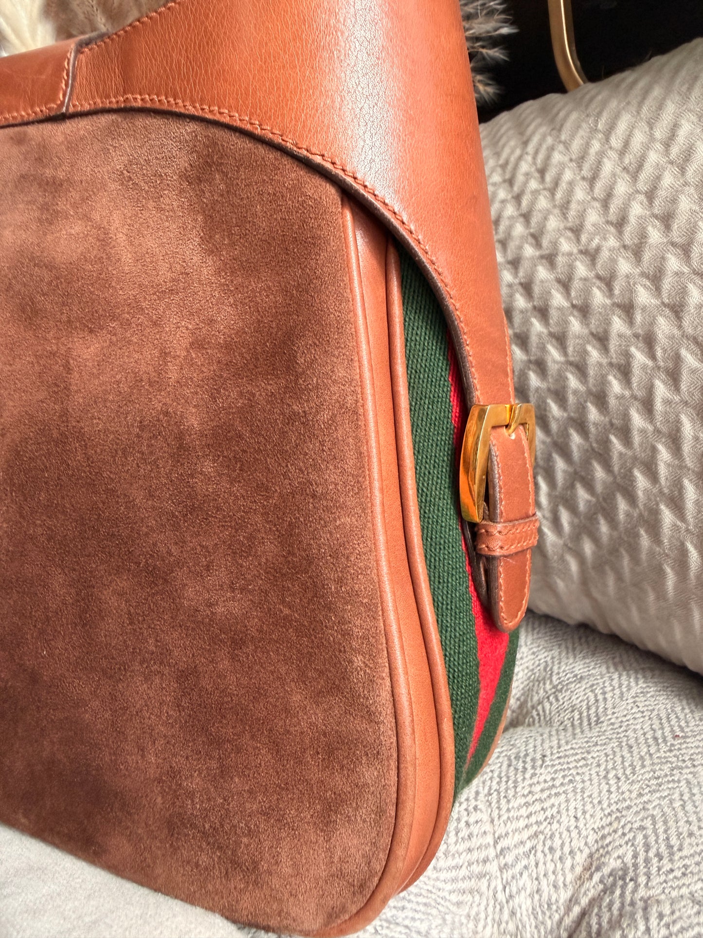 Vintage 70's GUCCI GG Monogram Flip Lock Brown Leather and Suede Hobo