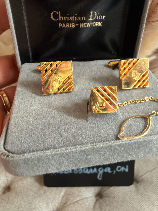Christian Dior Vintage “Paris–New York” Cufflinks & Tie Tack Set (Gold Tone) | Dior Box Included