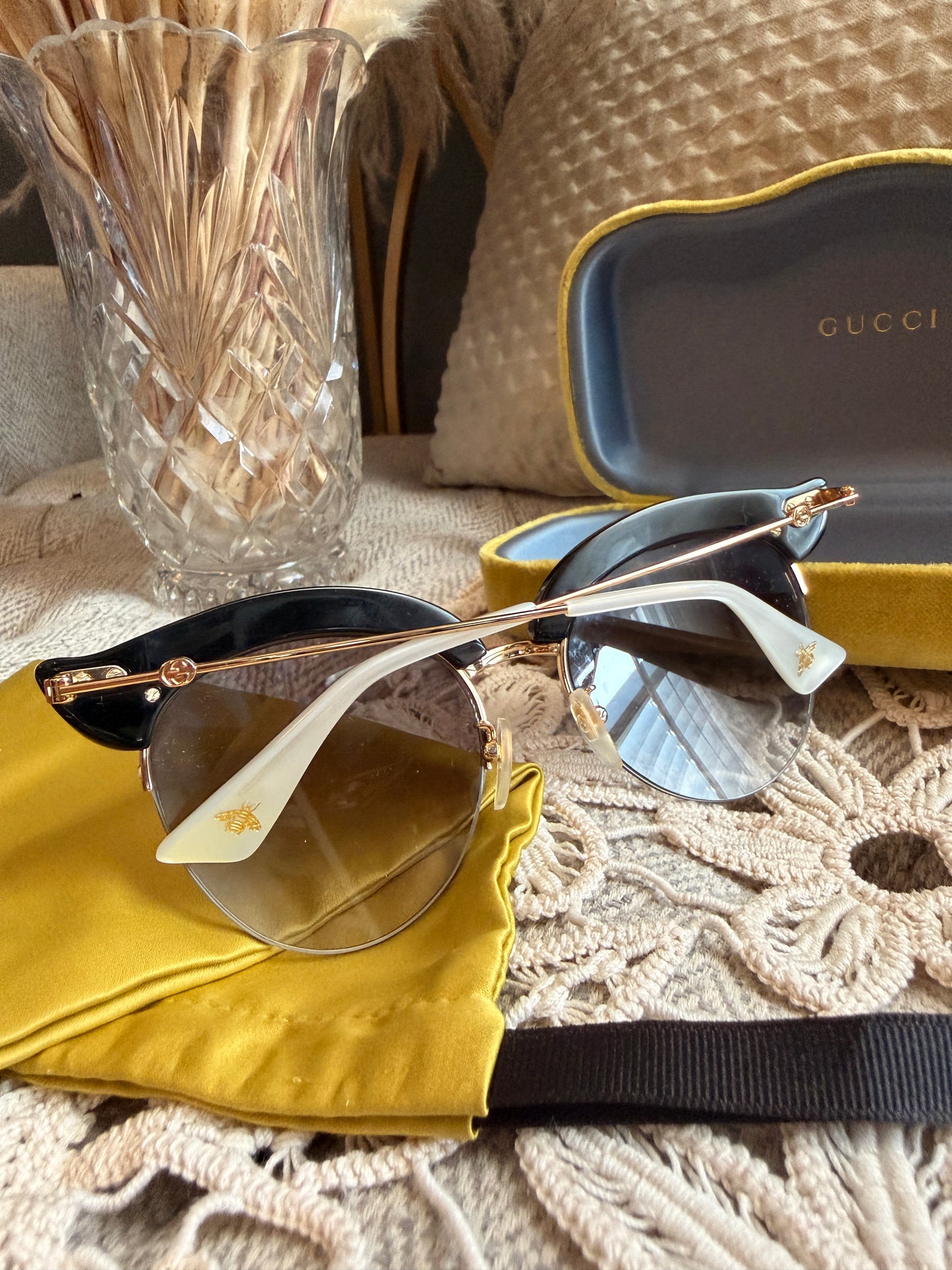 Gucci Black Acrylic Cat-Eye Sunglasses with Pearl Details