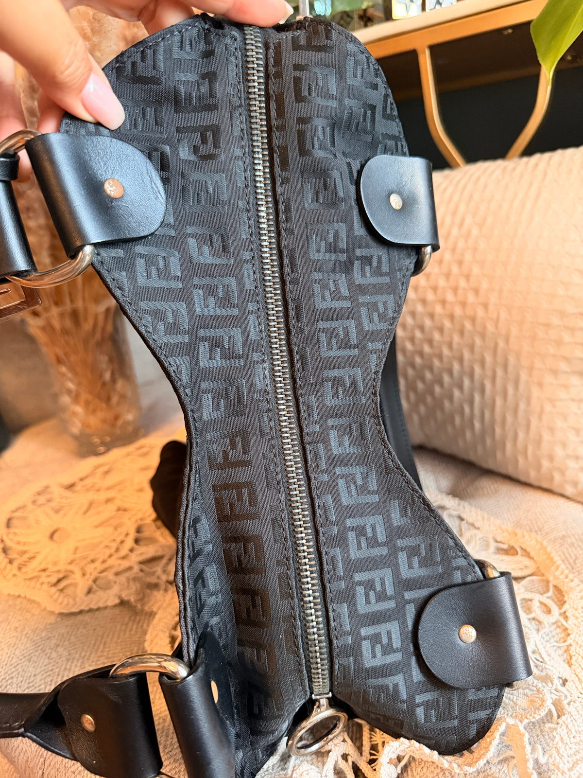 FENDI Diavolo Trapezio Shoulder Bag Zucchino FF Logo Zebra Print Shoulder Bag