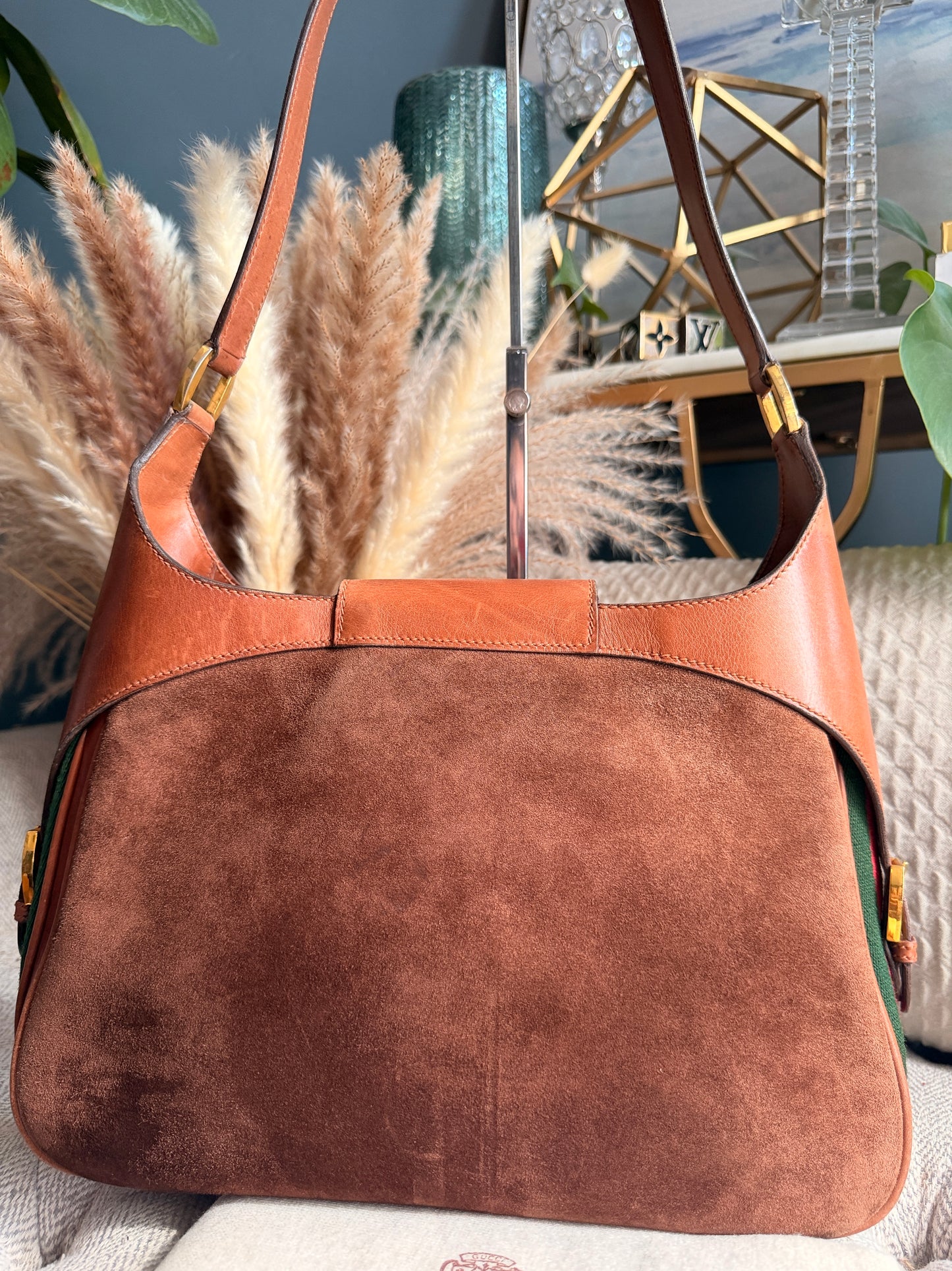 Vintage 70's GUCCI GG Monogram Flip Lock Brown Leather and Suede Hobo