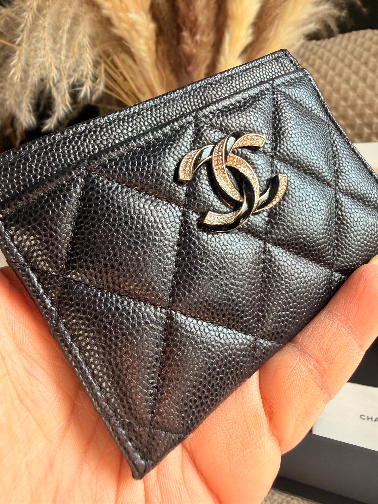 NEW 23S CHANEL Caviar Crystals Card Holder Black BIG Gold CC STRASS Wallet