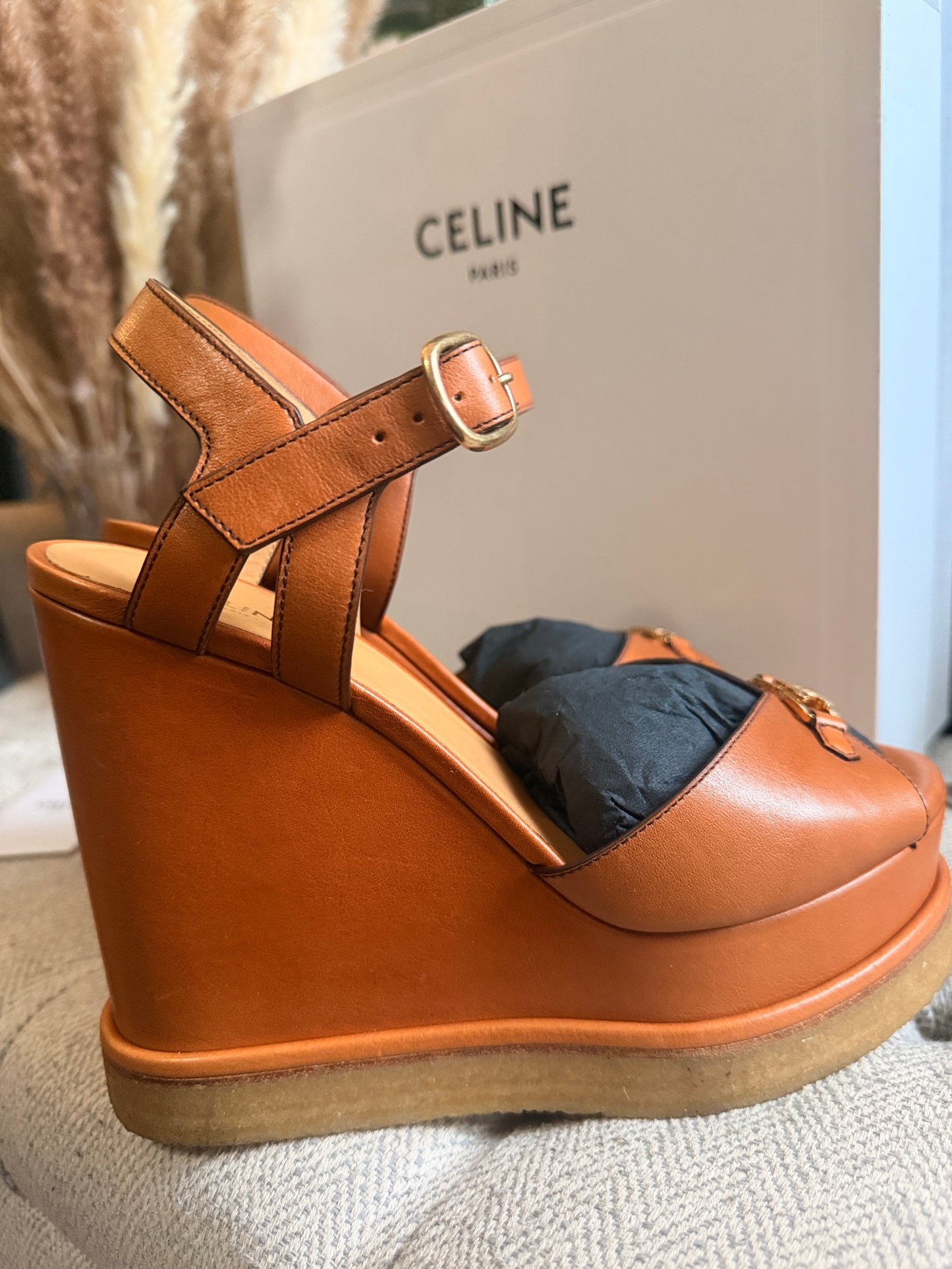 CELINE Triomphe Platform Leather Wedge Sandals