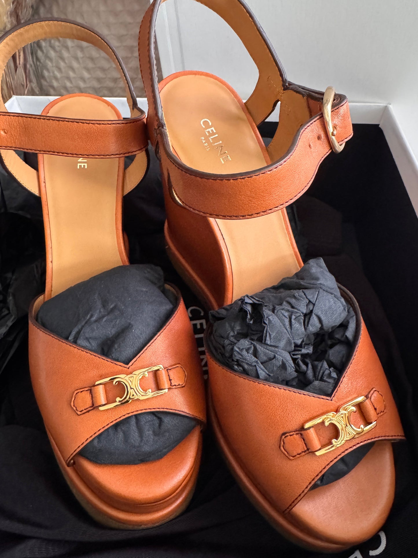 CELINE Triomphe Platform Leather Wedge Sandals