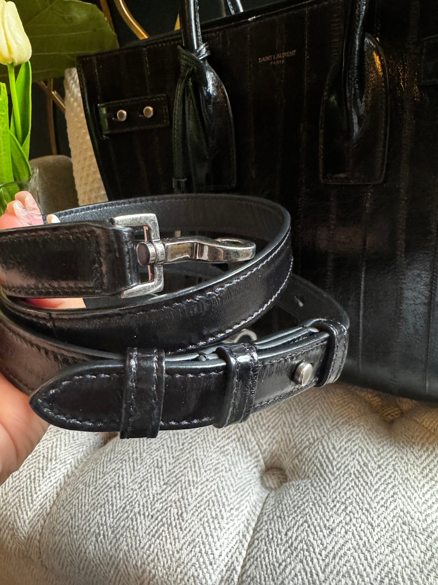 YSL Saint Laurent Black Eel Sac De Jour Bag