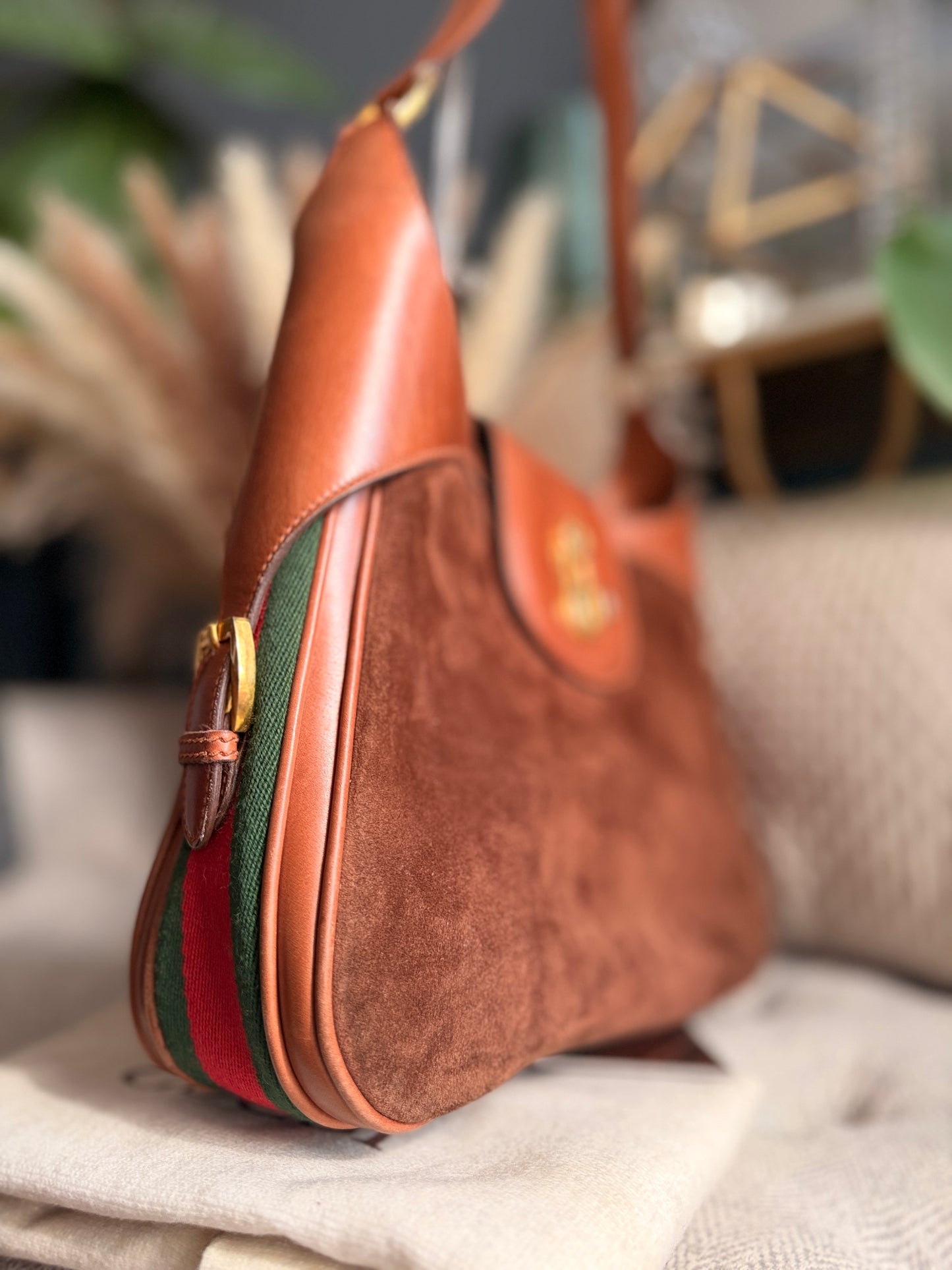 Vintage 70's GUCCI GG Monogram Flip Lock Brown Leather and Suede Hobo