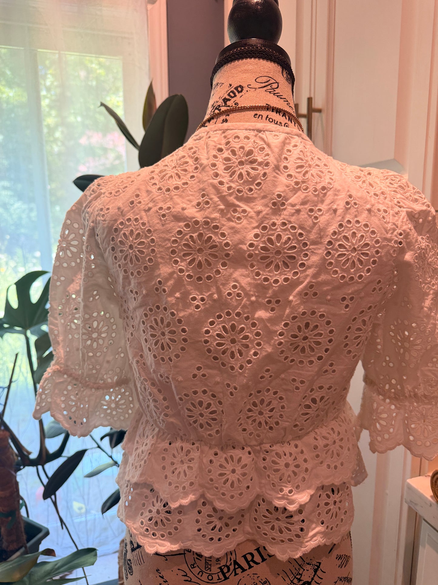 FRAME The Solstice Eyelet Blouse White XS Puff Sleeve Peplum RRP$544
