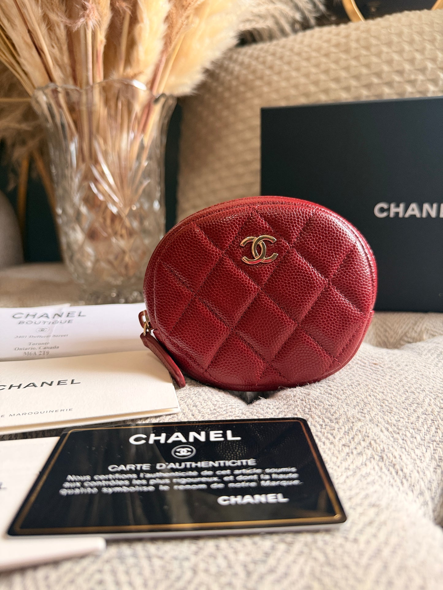 Chanel CHANEL 19B BURGUNDY CAVIAR ROUND POUCH/ COIN PURSE