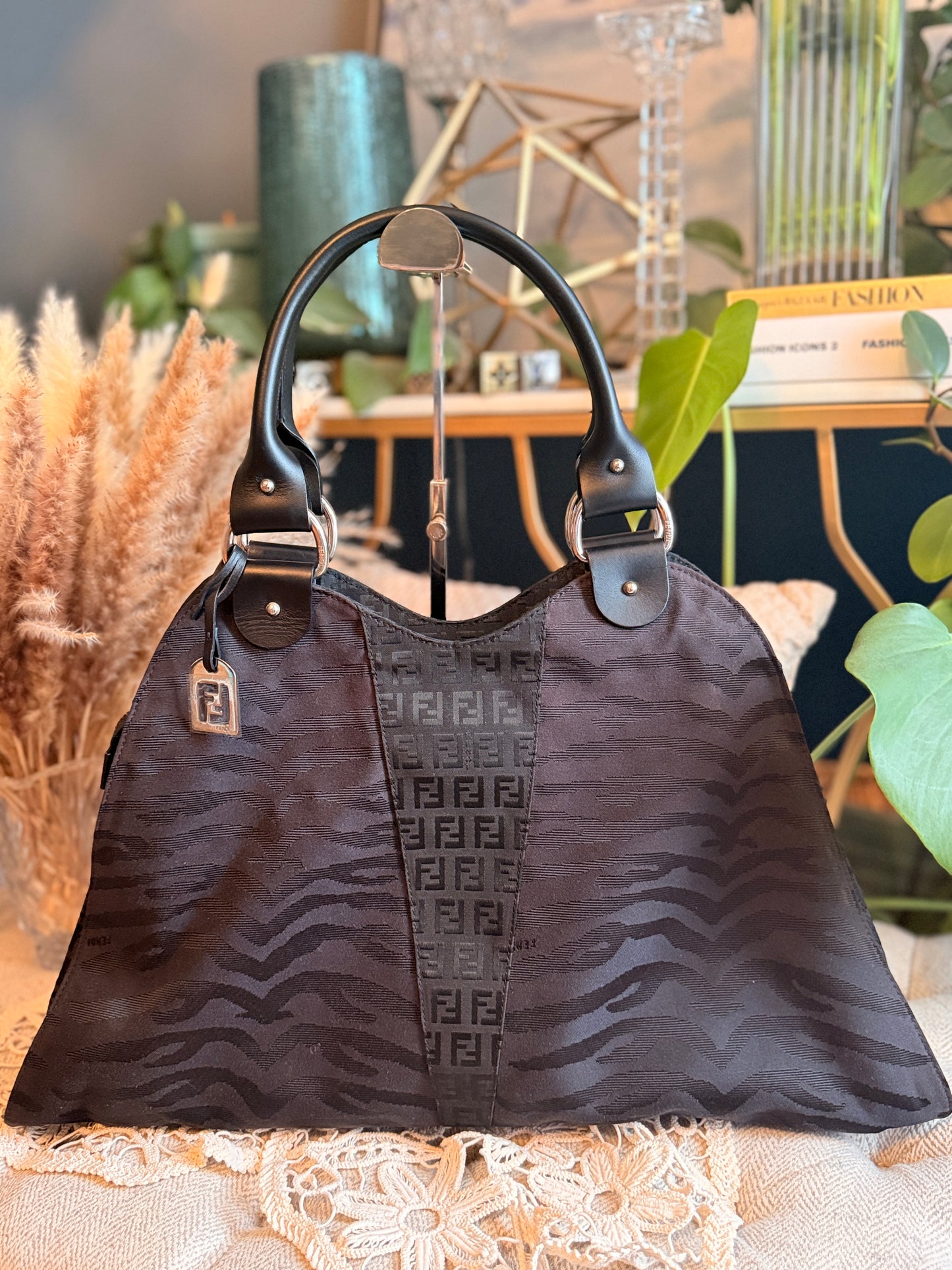 FENDI Diavolo Trapezio Shoulder Bag Zucchino FF Logo Zebra Print Shoulder Bag