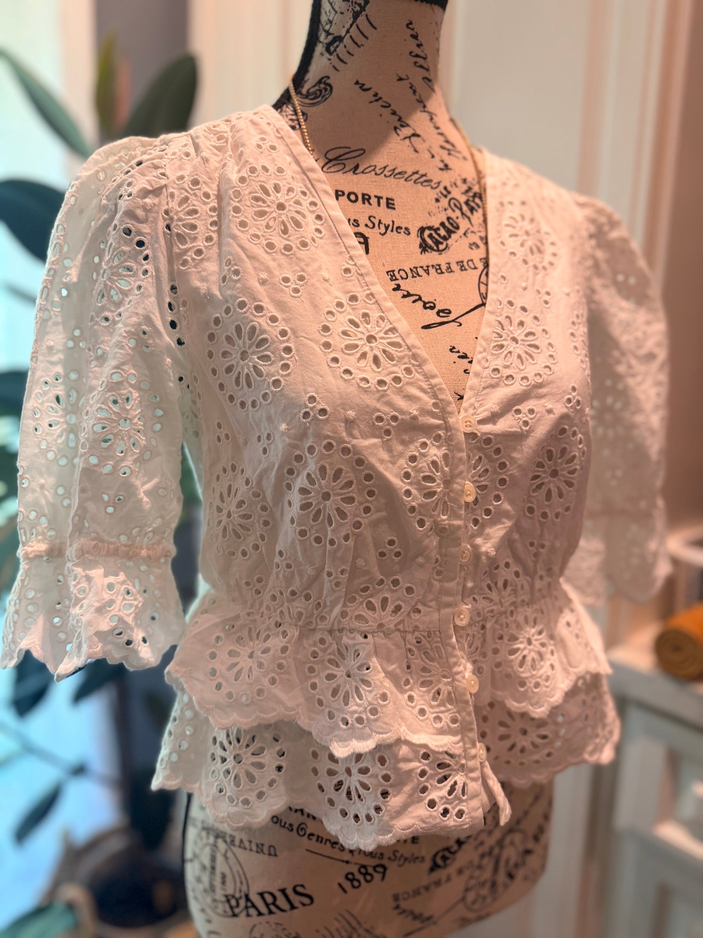 FRAME The Solstice Eyelet Blouse White XS Puff Sleeve Peplum RRP$544